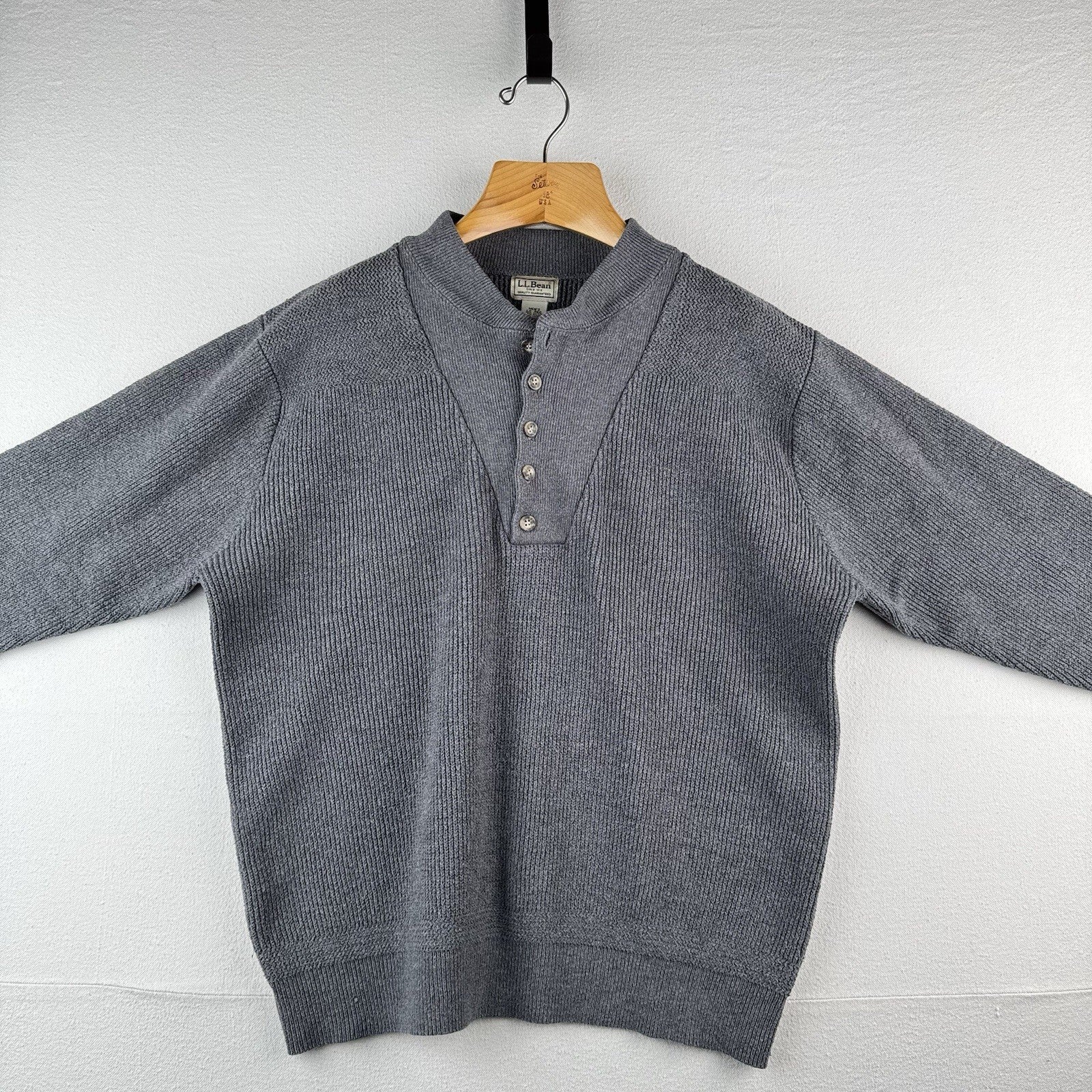 Vtg LL Bean Henley Fisherman Sweater Men’s Large Gray 1/4 Button Heavy
