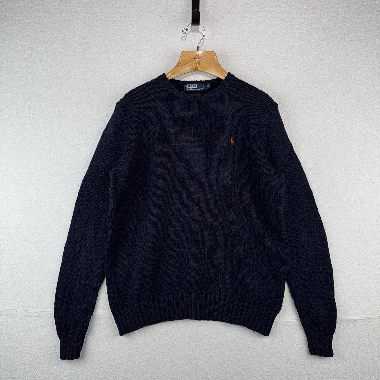 90s Vtg Polo Ralph Lauren Sweater Men's M Navy 100% Cotton Crewneck Red Pony