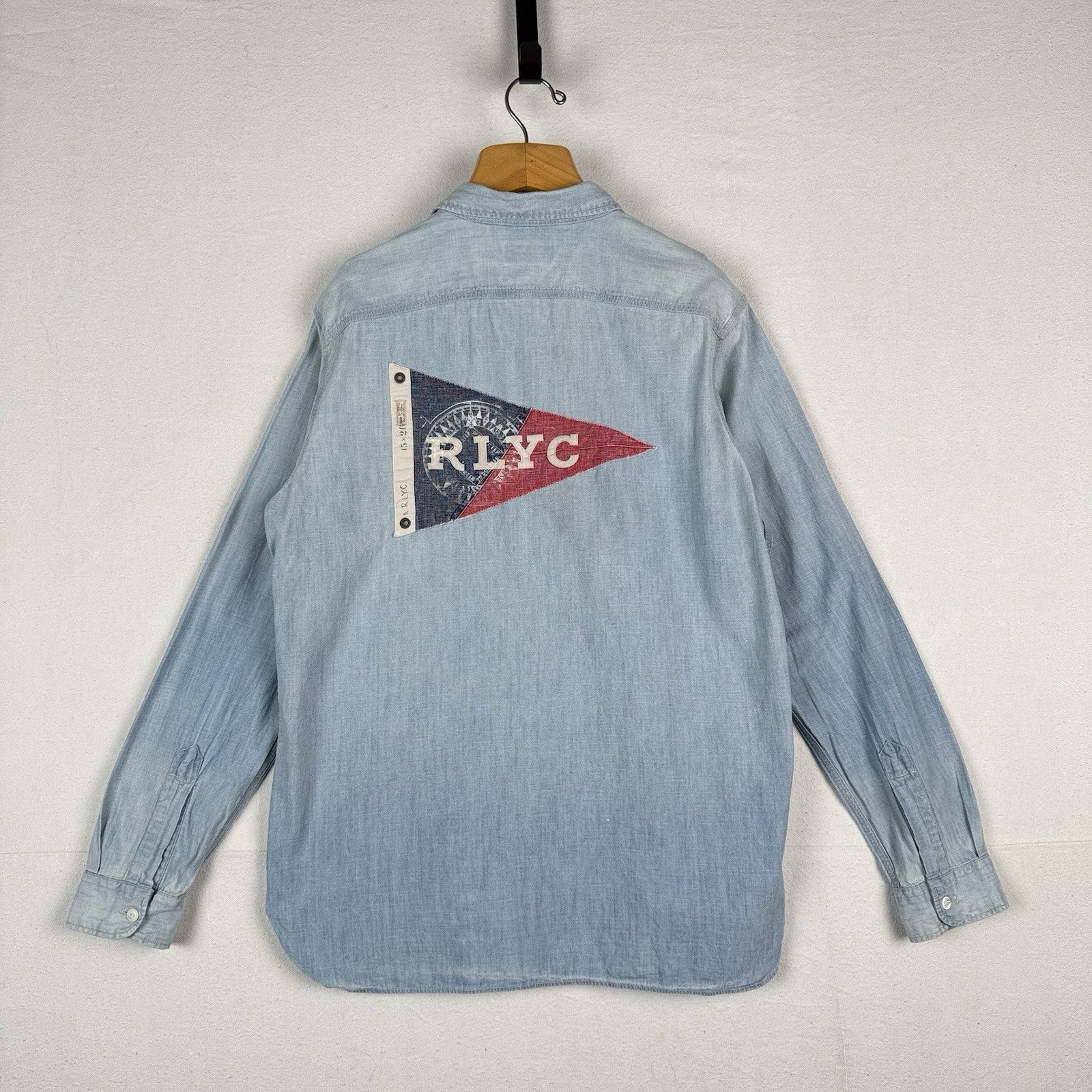 90s Polo Ralph Lauren Men’s Large Chambray Denim Shirt Blue Yacht Club RLYC Flag