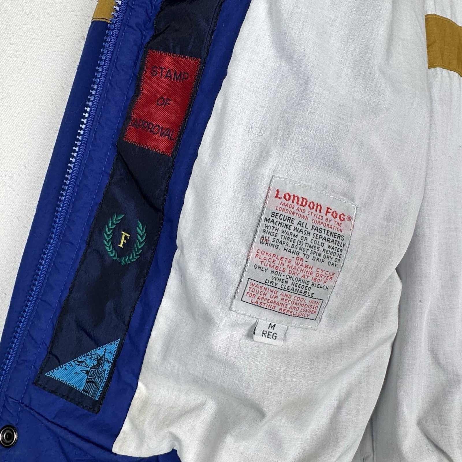Vtg 90’s London Fog Blue Color Block Wind Jacket Nautical Stowaway Hood Men’s M