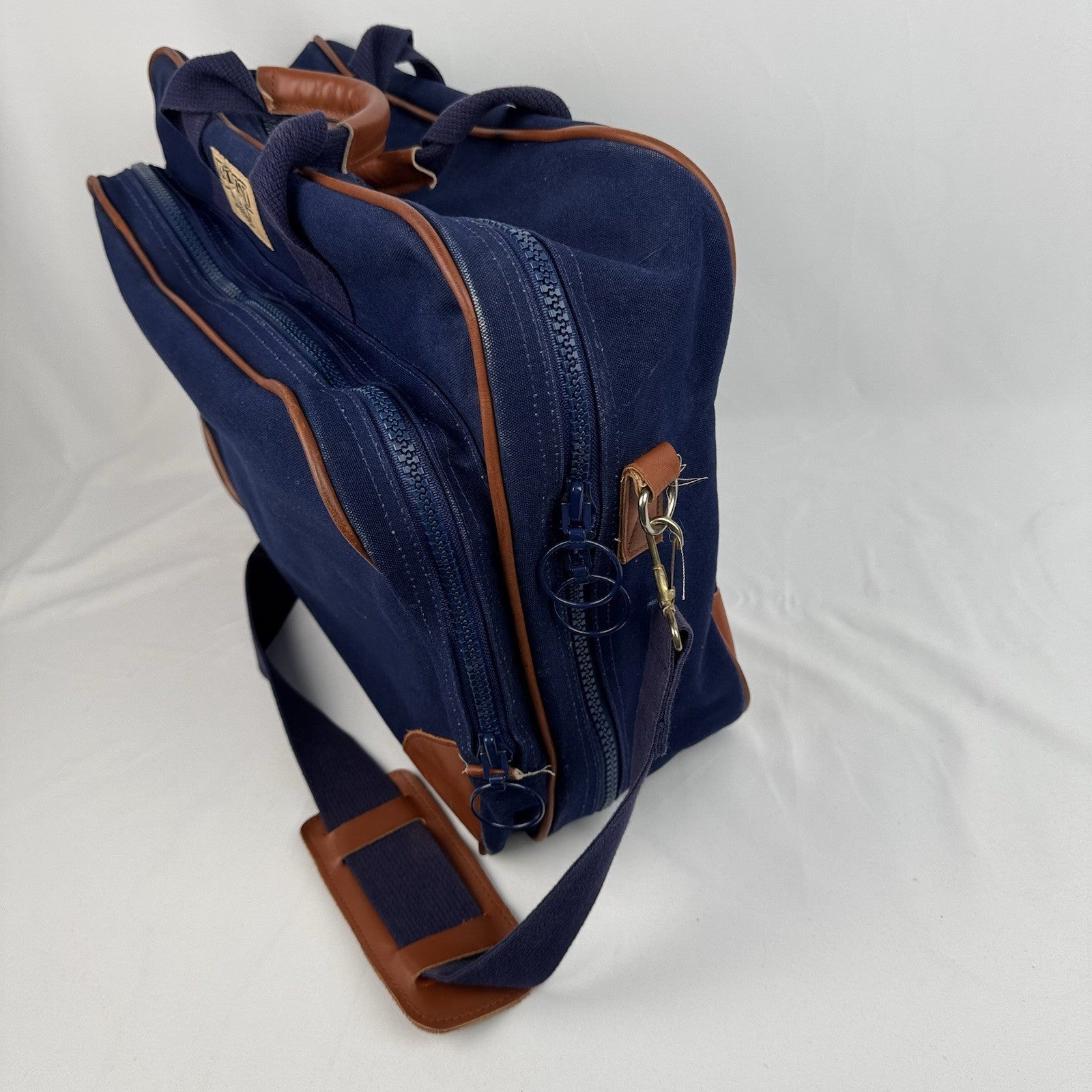 Vtg Lands End Square Rigger Weekender Bag Navy Blue Canvas Leather Luggage 20”