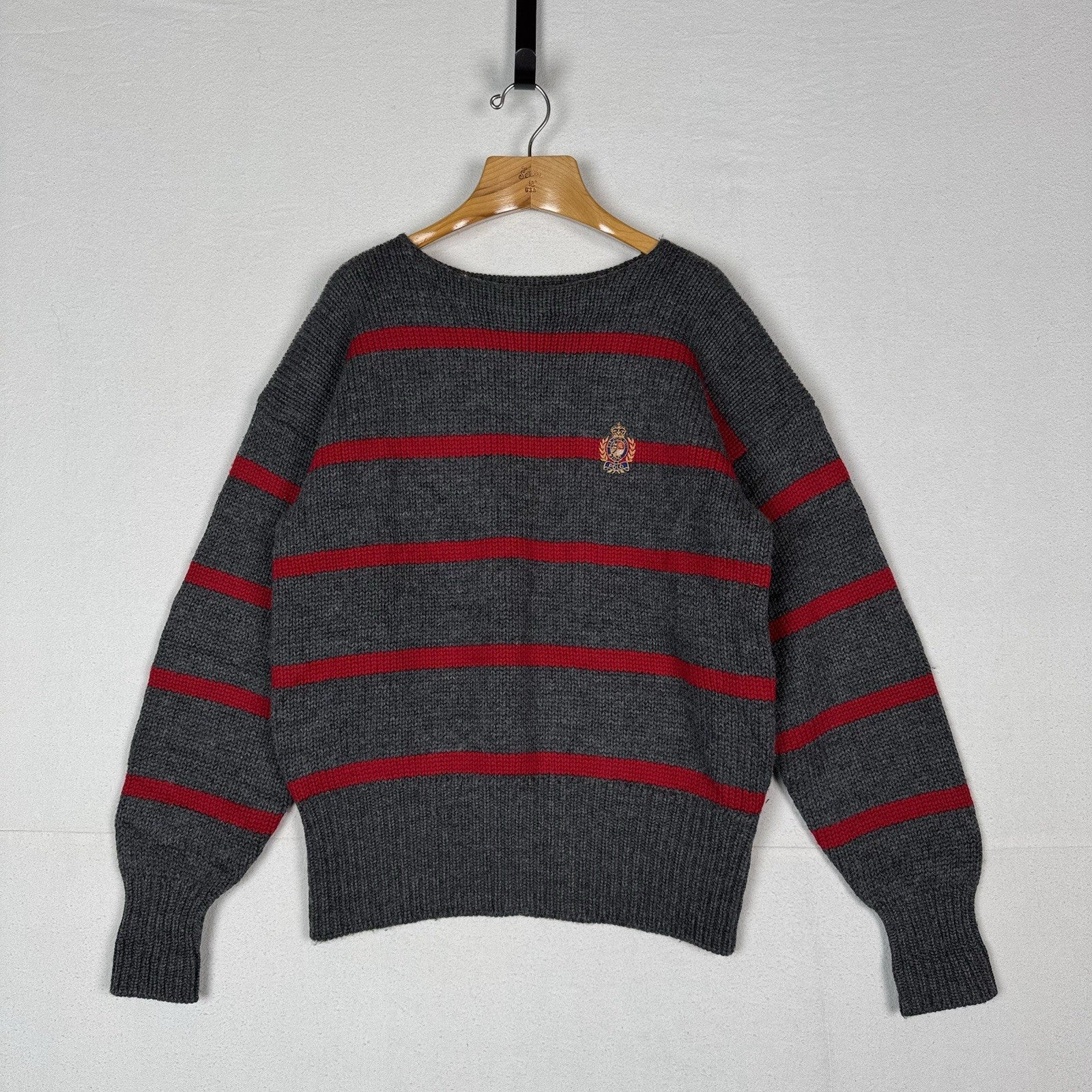 90’s Vtg Polo Ralph Lauren Striped Boat Neck Wool Knit Sweater Gray Red Crest XL