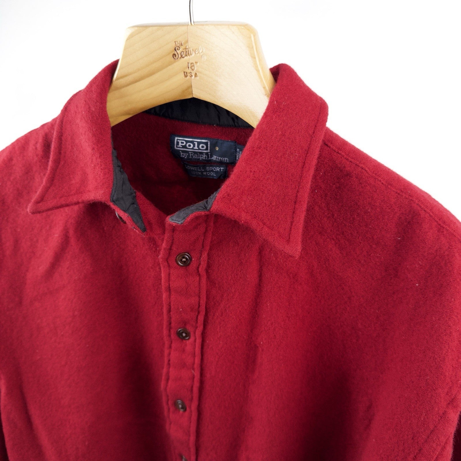 90s Vtg Polo Ralph Lauren Red Lowell 100% Wool Button Up Shirt Boxy *Distressed