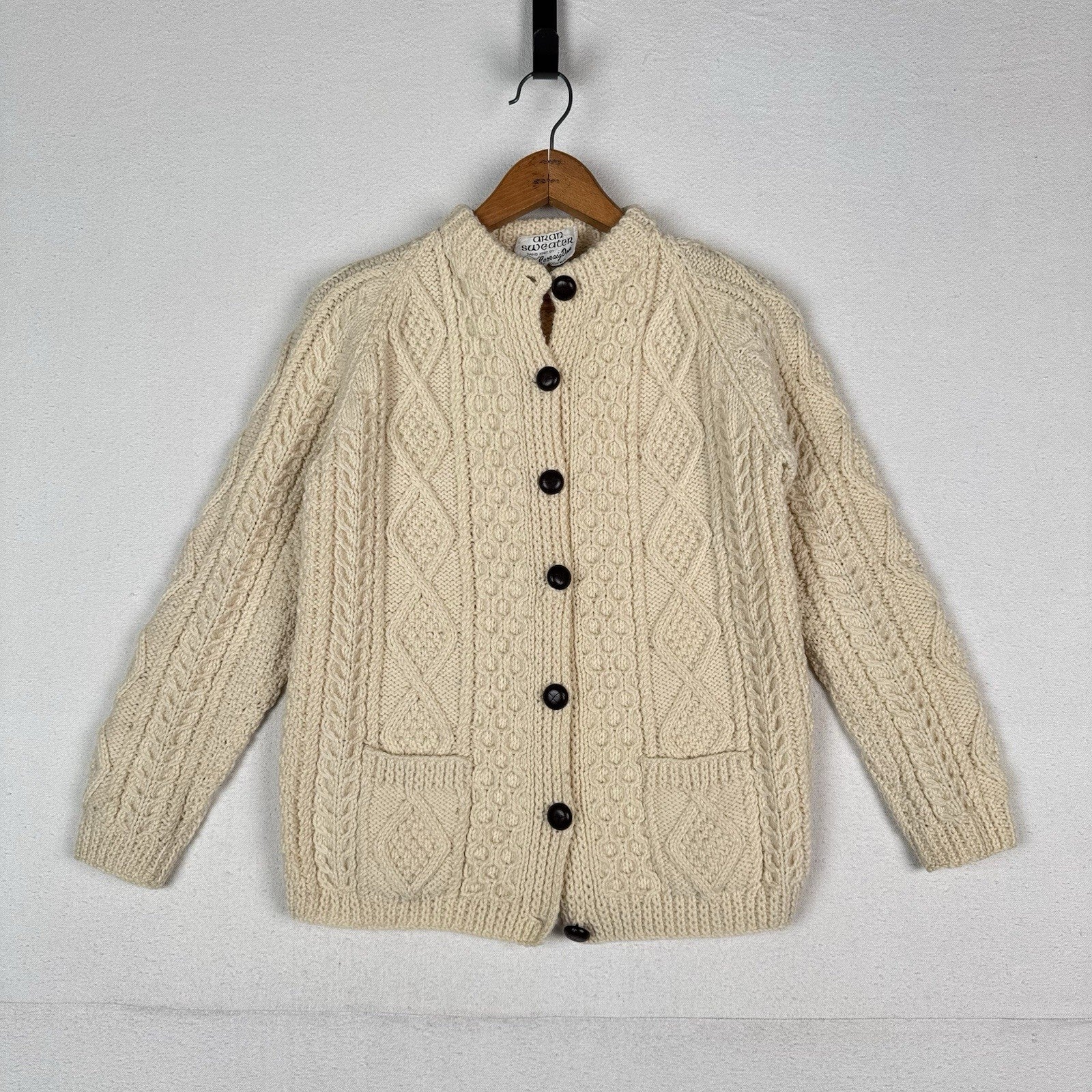 Carraig Donn Aran Cardigan Sweater Small/Med Ireland Wool Cable Knit Ivory