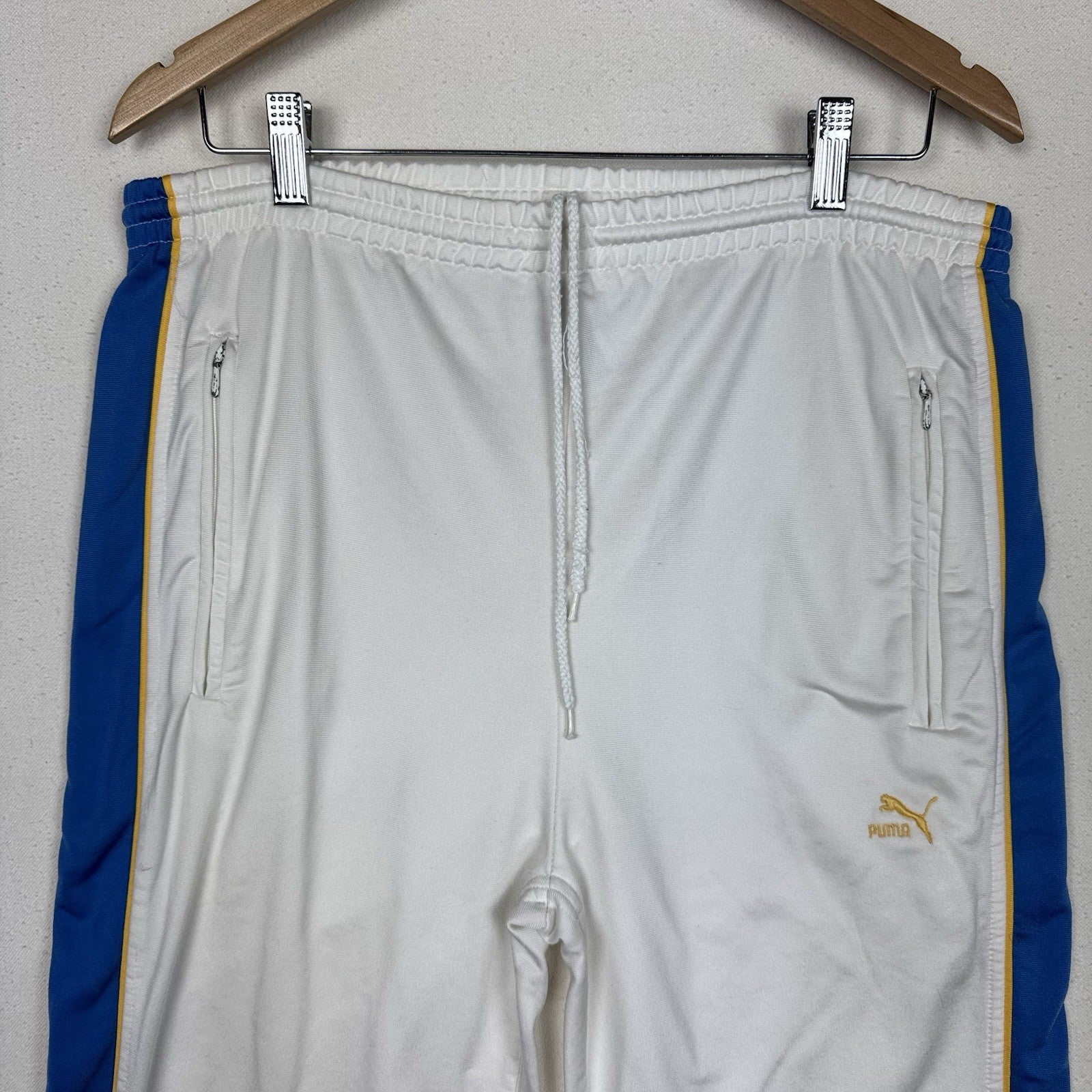 Vintage 80’s Puma Track Pants Embroidered Logo White Blue Yellow