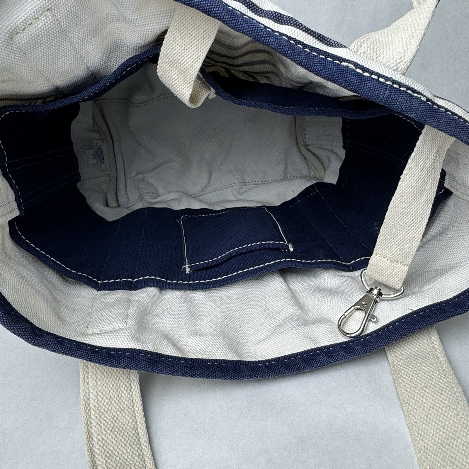 Lands’ End Canvas Large Blue and Natural Tan Striped Tote Beach Bag 15”x7”x12”
