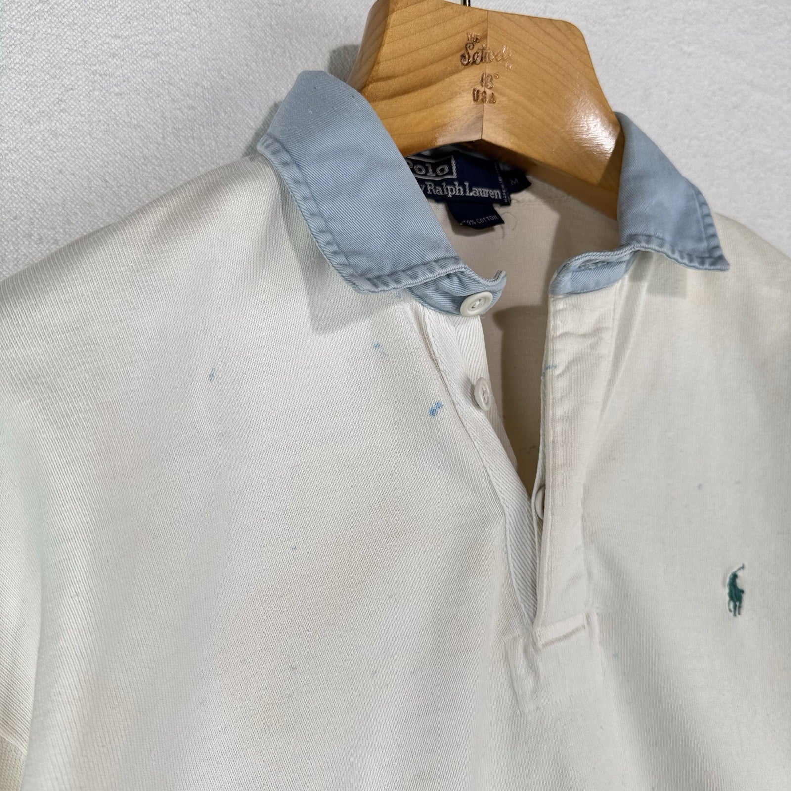 90’s Vtg Polo Ralph Lauren Shirt Men’s M Ink Splatter Rugby White Denim Collar