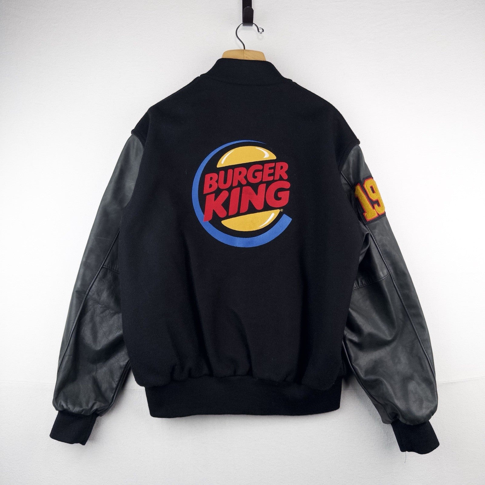 1984 Burger King Varsity Jacket Black Snap Front XL Wool Leather Sleeves USA