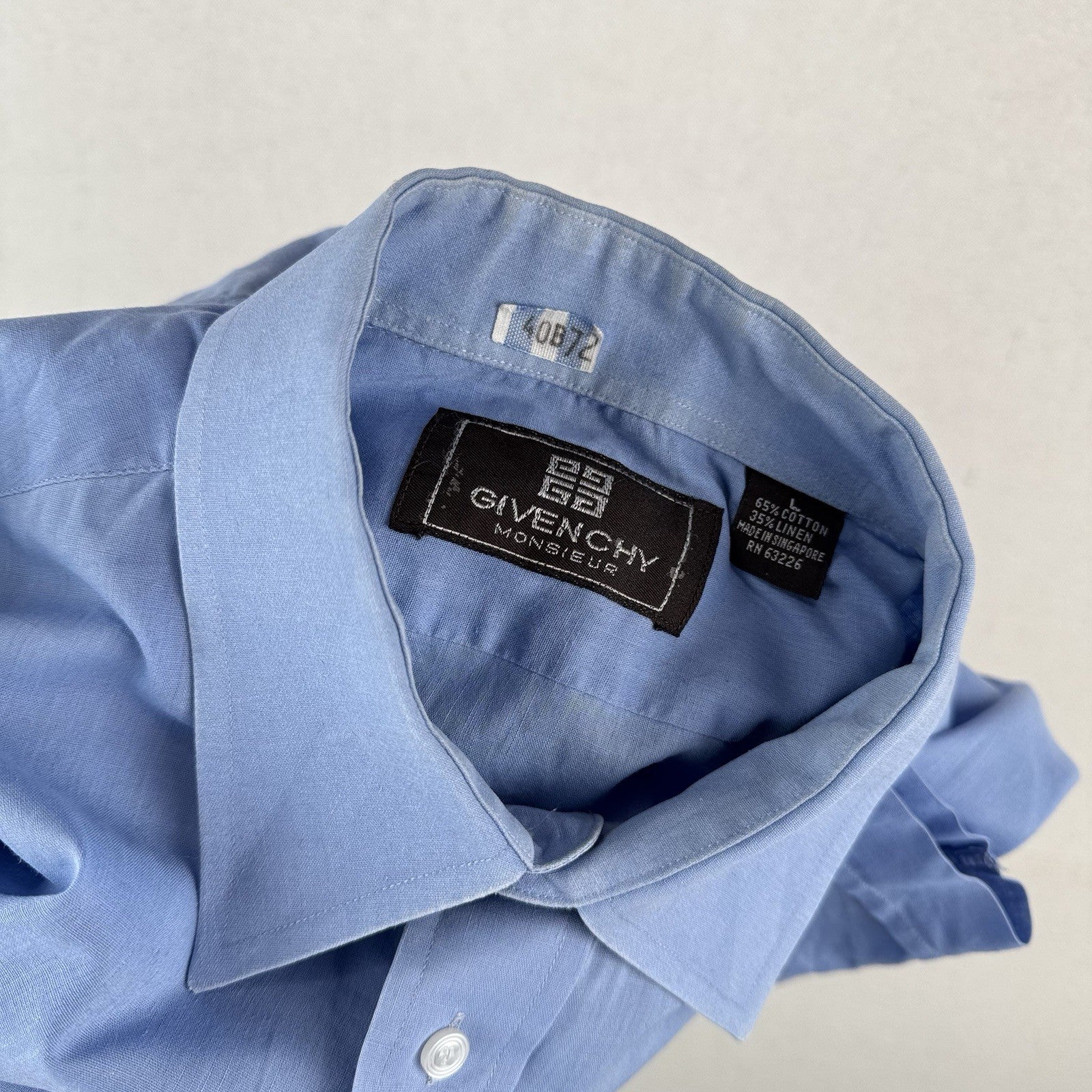 80’s Vtg Givenchy Monsieur Linen Blend Shirt Men's L Short Sleeve Button Up Blue