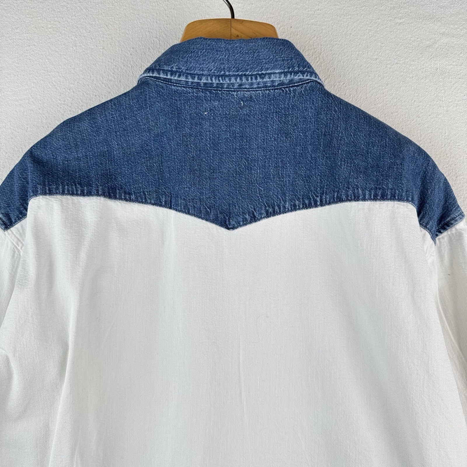 Mother Denim Tycoon TwoTone Western Shirt White Denim Pearl Snap Large USA *Read