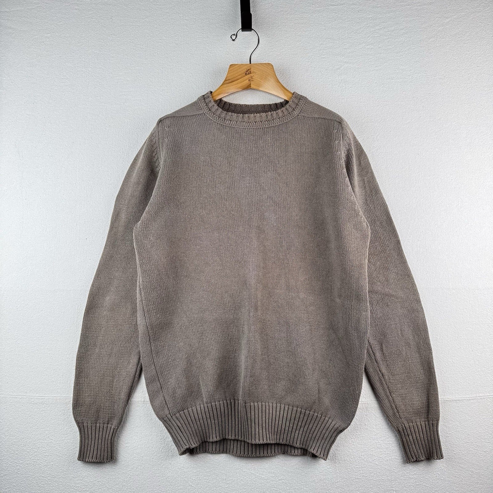 90’s Vtg Land's End Sweater Men L Tall Gray Tan Crew Chunky Knit Cotton Made USA