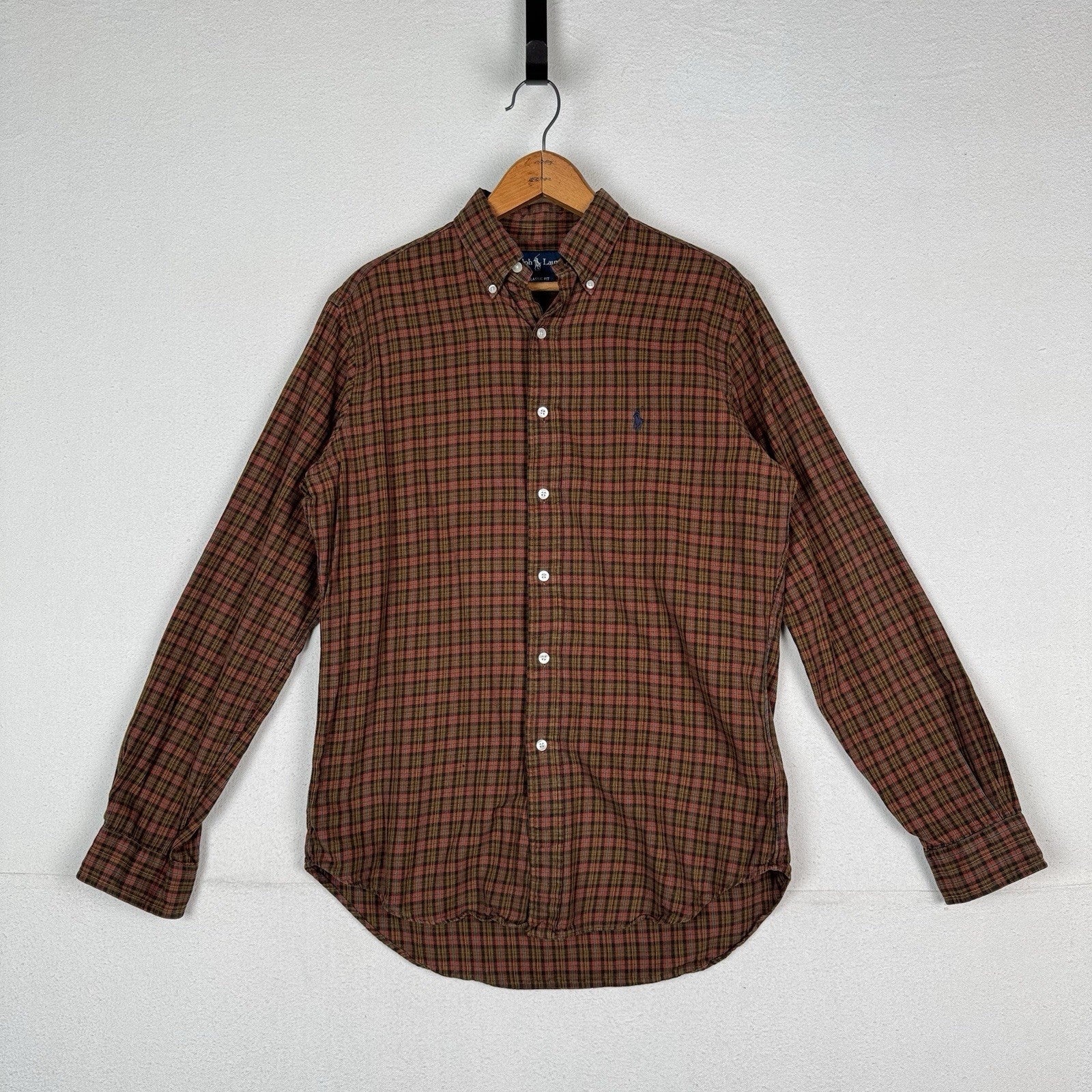 Vintage Ralph Lauren Classic Fit Mens S Plaid Check Cotton L/S Shirt Red Yellow
