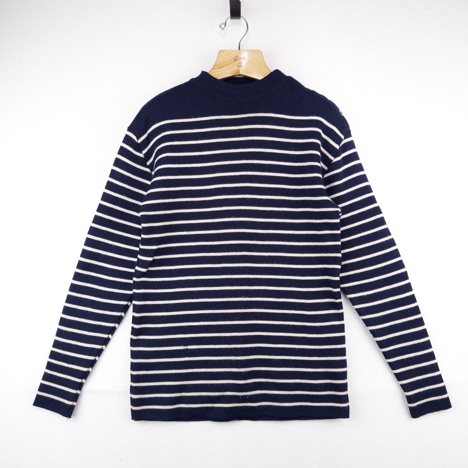 70’s Saint James Wool Sweater Bretone Stripe Button Shoulder Made France Blue M