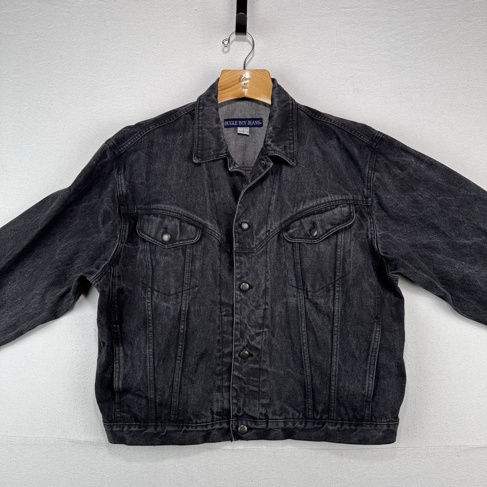 80’s Vintage Bugle Boy Denim Trucker Jacket Men’s XL Boxy Faded Black *Read