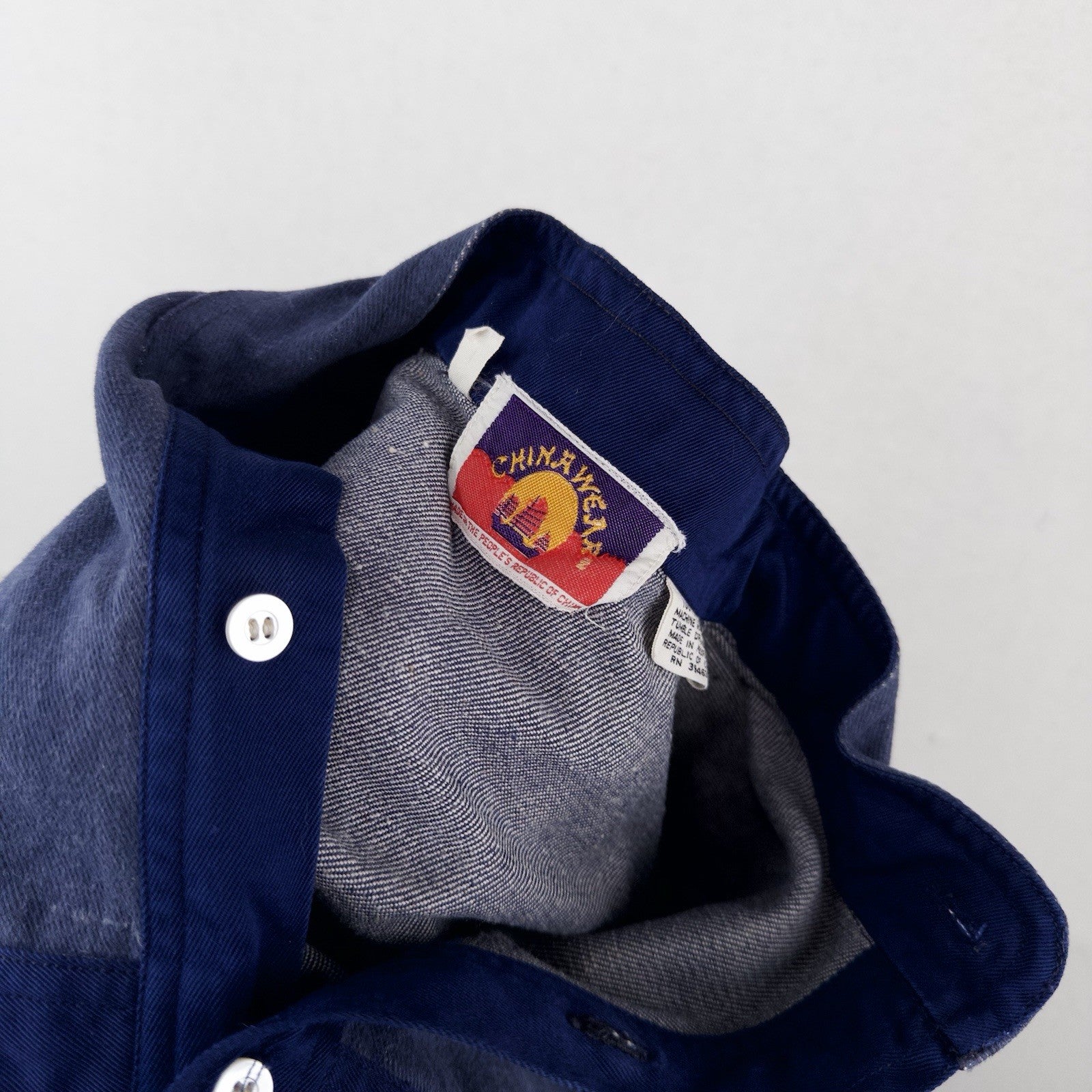 80’s Vtg Chinawear Popover Indigo Denim Work Shirt Long Sleeve Unisex Small (34)