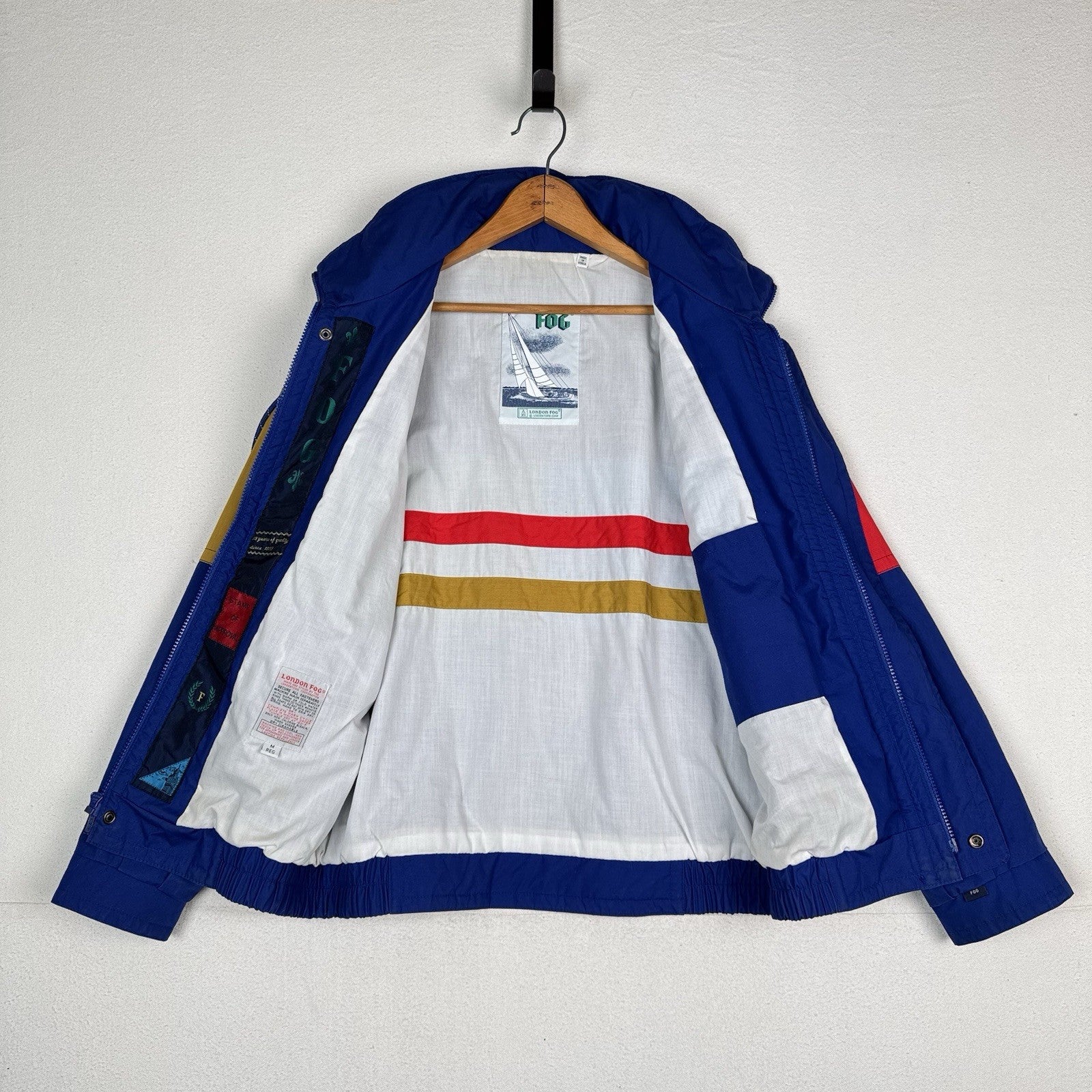 Vtg 90’s London Fog Blue Color Block Wind Jacket Nautical Stowaway Hood Men’s M