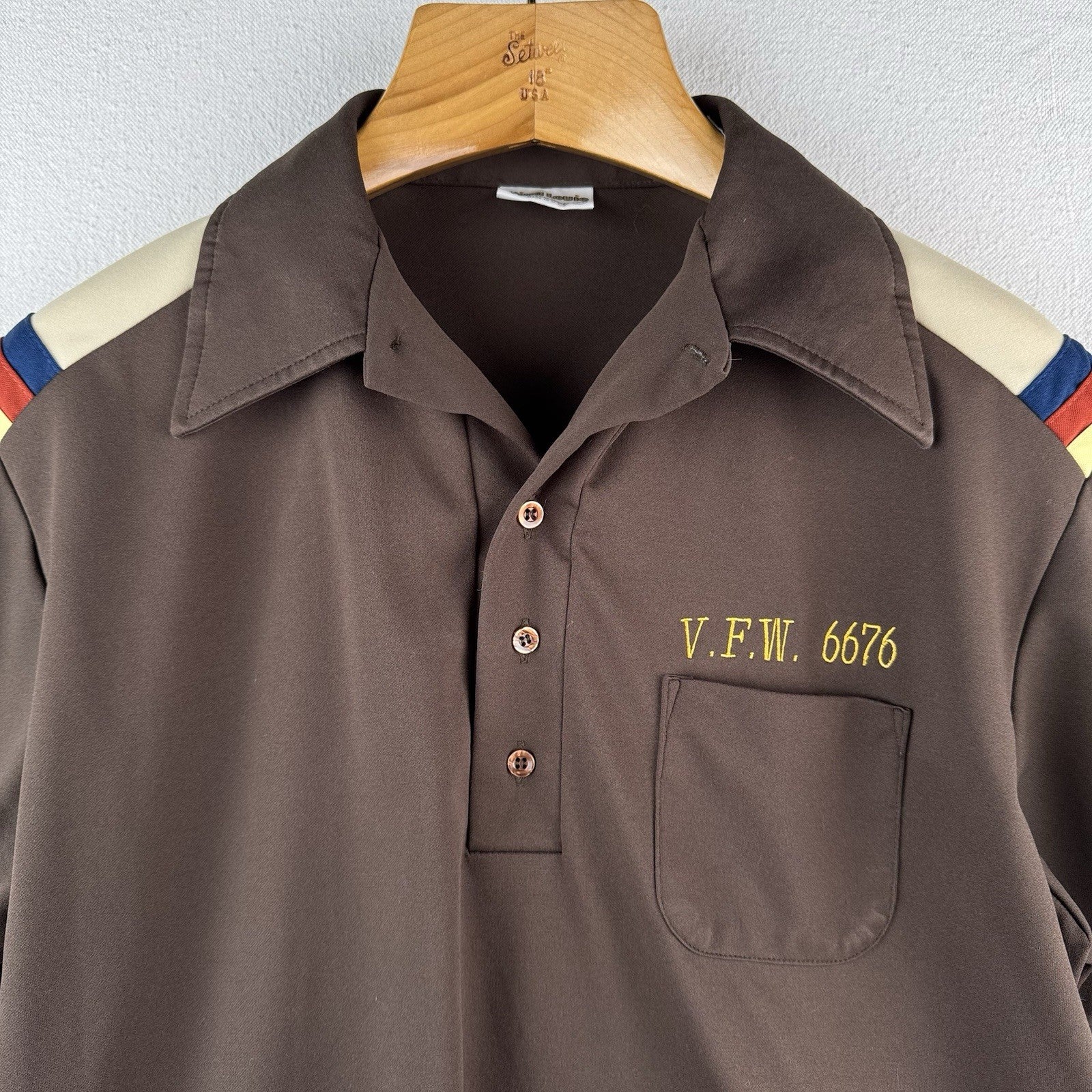 70s Vtg King Louie Creations Bowling 1/4 Button Shirt Mens M Brown VFW 6676 USA