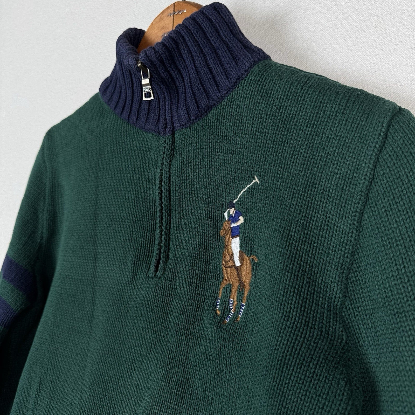 Polo Ralph Lauren Boys Large (14/16) Big Pony 1/4 Zip Sweater Green Navy Blue