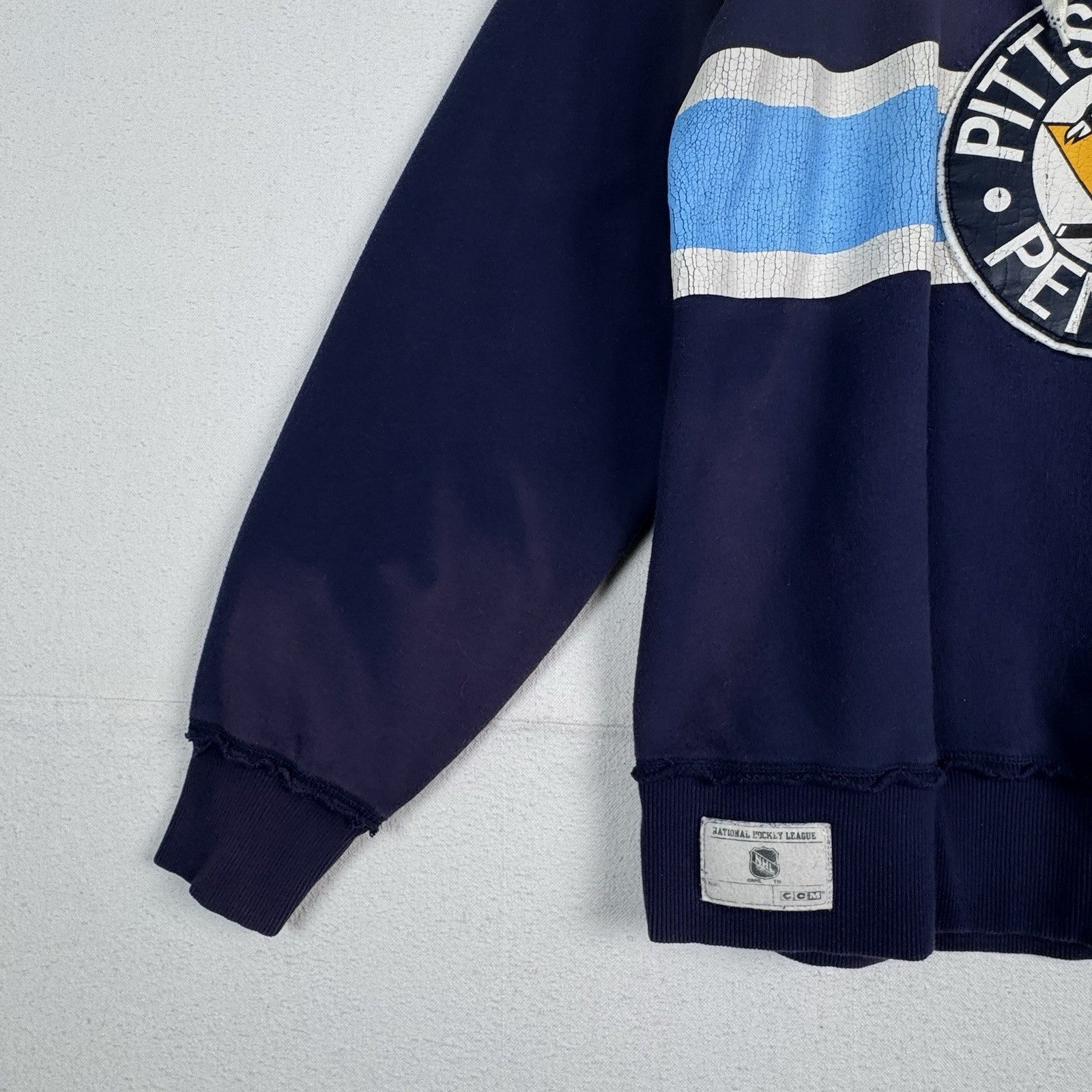 CCM Pittsburgh Penguins Mens Large Laceup Blue Sweatshirt Jersey NHL Distresssed