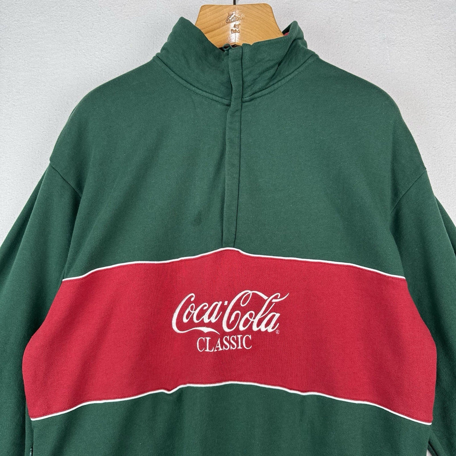 Coca-Cola 1/4 Zip Men's XL Green Red Embroidered Fleece Sweatshirt *Read