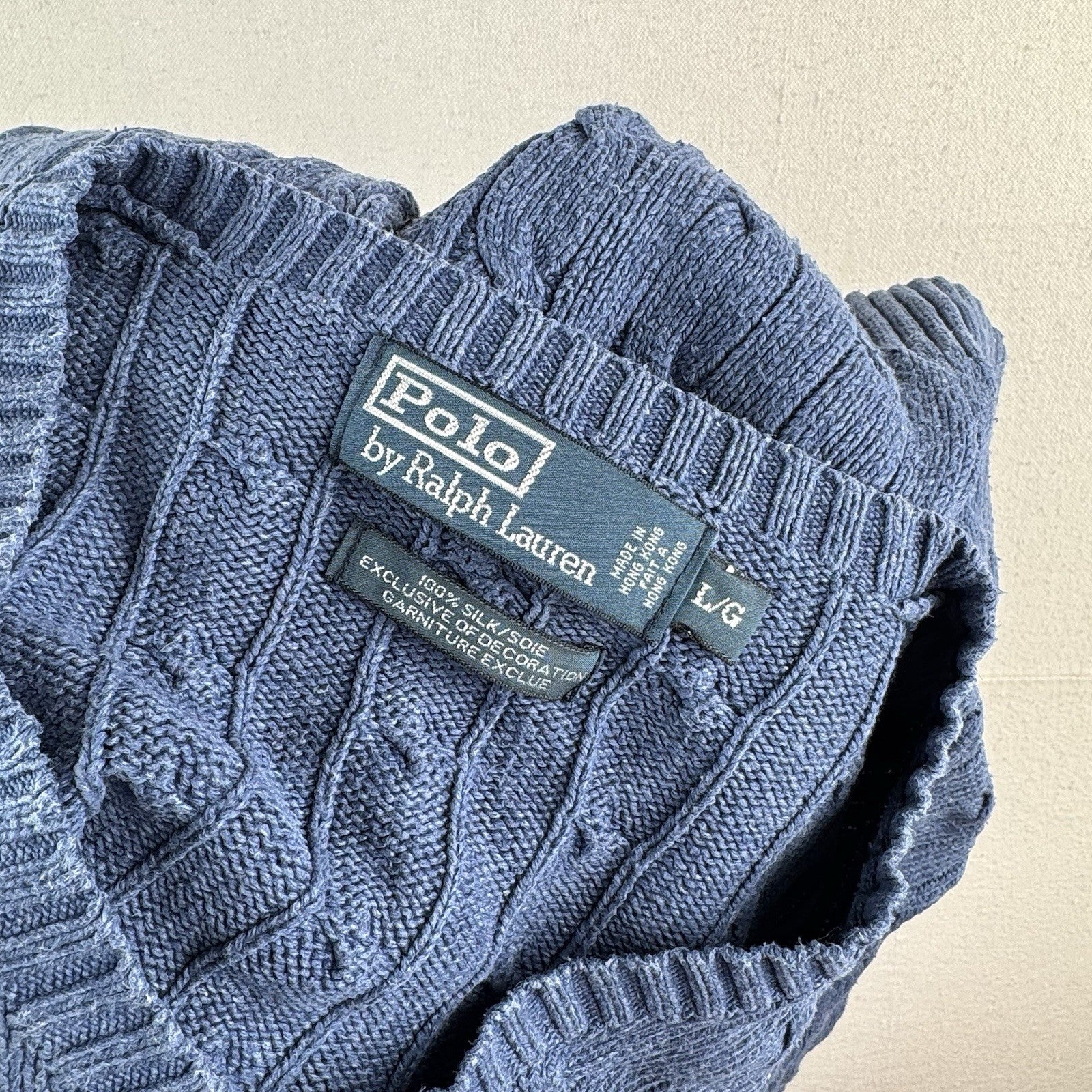 Vintage Polo Ralph Lauren 100% Silk Sweater Mens Large Blue Cable Knit V Neck