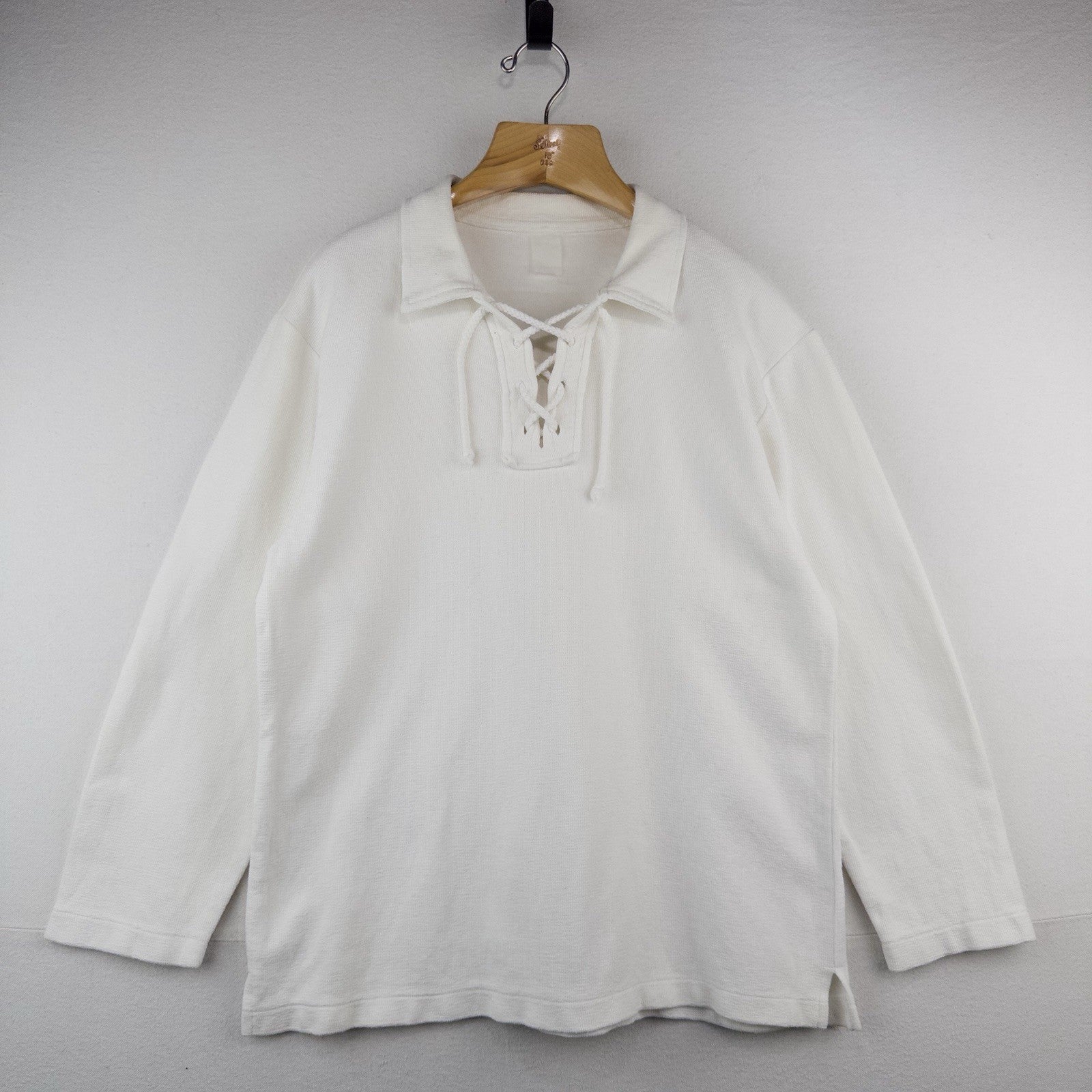 70s Vtg White Lace Up Tunic Shirt Men’s L Long Sleeve Polo Collar Boho Peasant