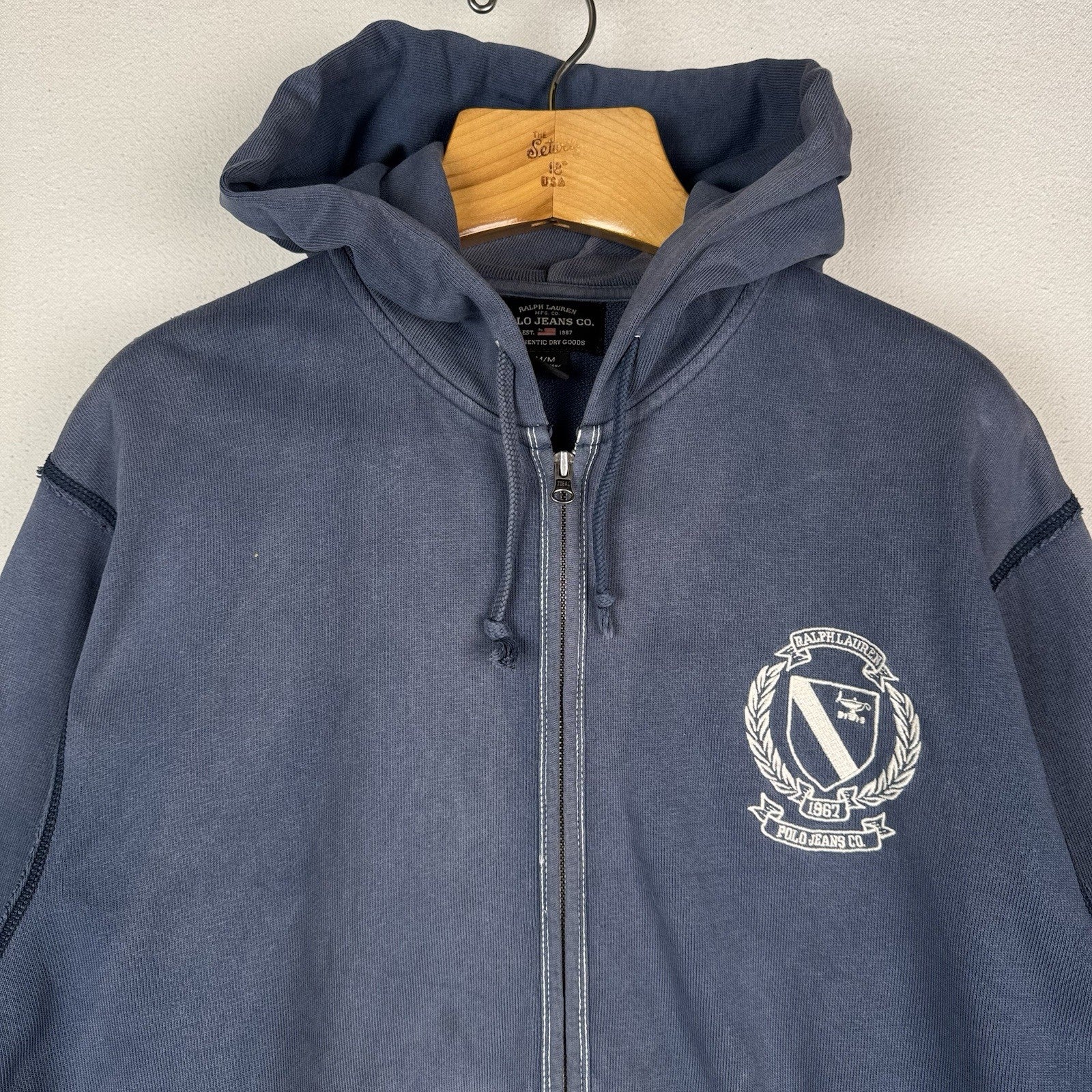 Vtg Ralph Lauren Polo Jeans Co Hoodie Sweatshirt Men's M Navy Crest *Sun Faded