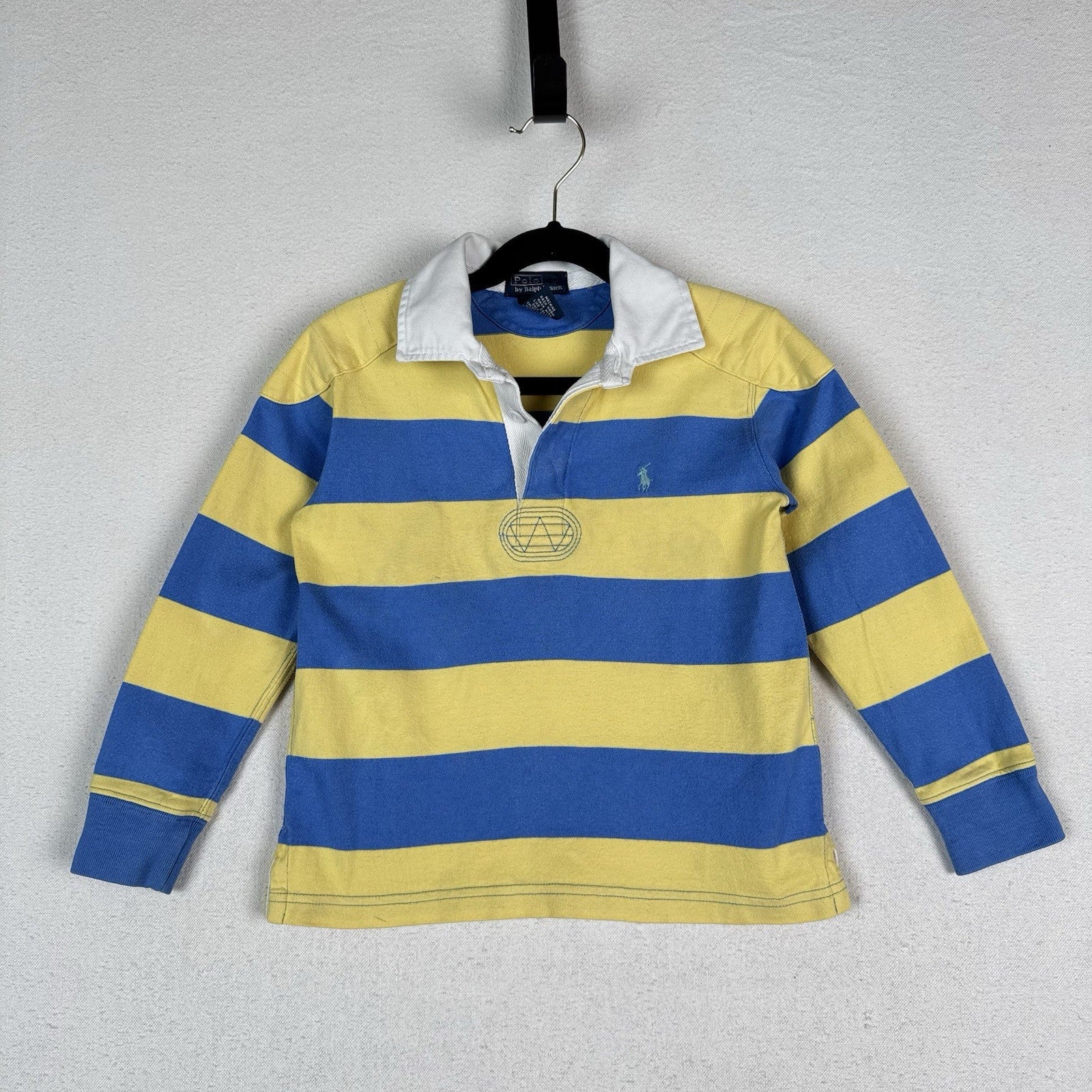 Polo Ralph Lauren Size 5 Rugby Blue Yellow Stripe Quilted Shoulder Elbows *Read