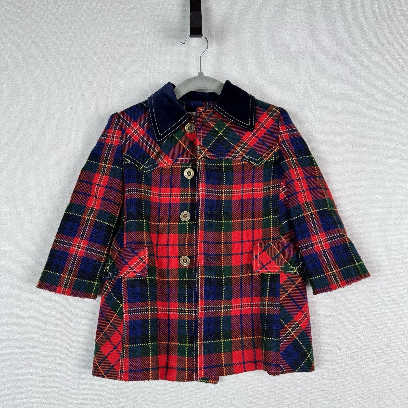Vintage 60’s 70’s Red Tartan Plaid Car Coat Gold Buttons Made Canada 3T Toddler
