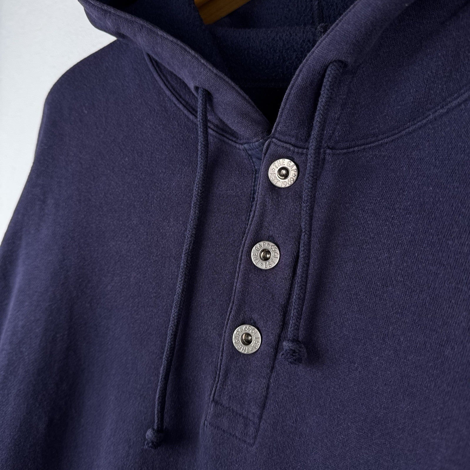 90’s Vtg GAP Athletic Hoodie Men Large Blue Button Drawstring Faded Distressed