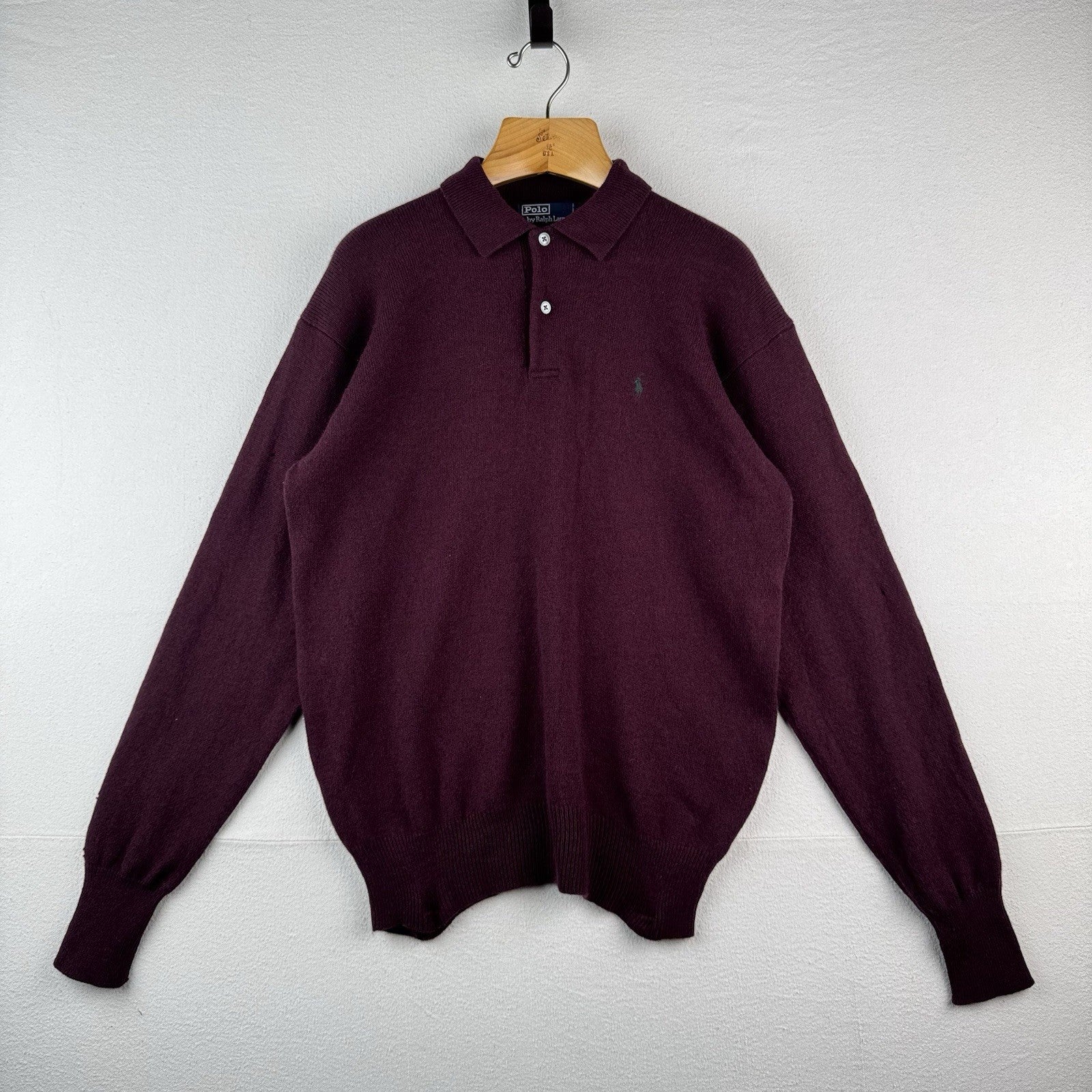 Polo Ralph Lauren 100% Lambswool Long Sleeve Polo Sweater Men's Large Burgundy