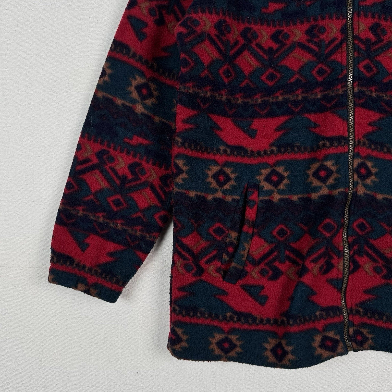 Vintage 90s Southwestern Blanket Fleece Hoodie Full Zip Men’s M Red Blue Baggy