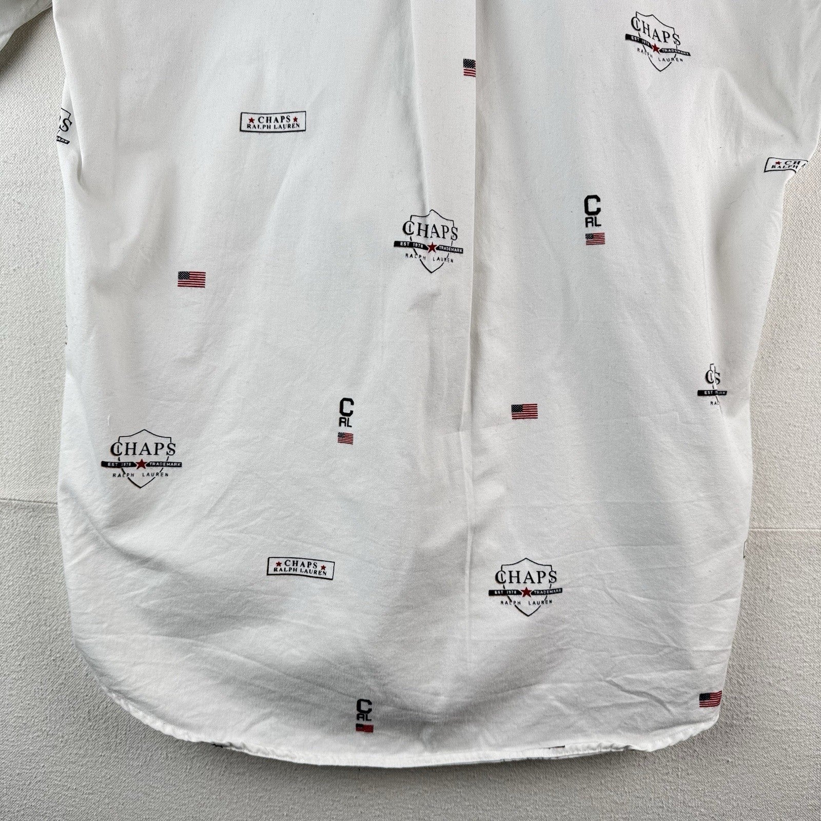 Vintage Ralph Lauren Chaps Mens L White All Over Print Shirt RL Flag