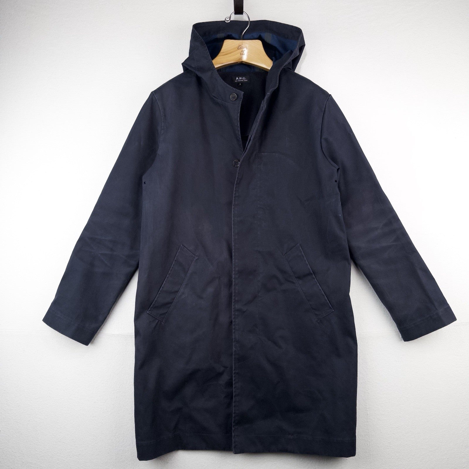 APC Navy Blue Hooded Trench Rain Coat Mac Parka Jacket Men’s Small S