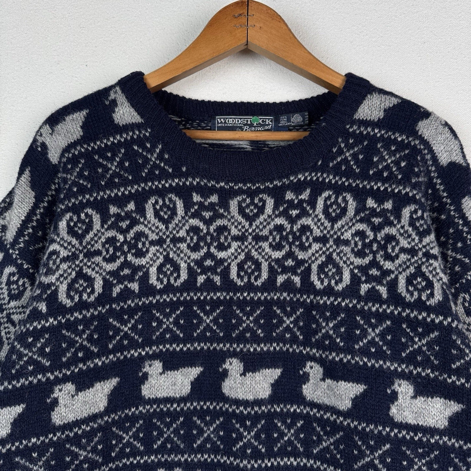 Vtg Woodstock Bernard Wool Fair Isle Ski Sweater Men’s M Blue Hand Knit Ducks