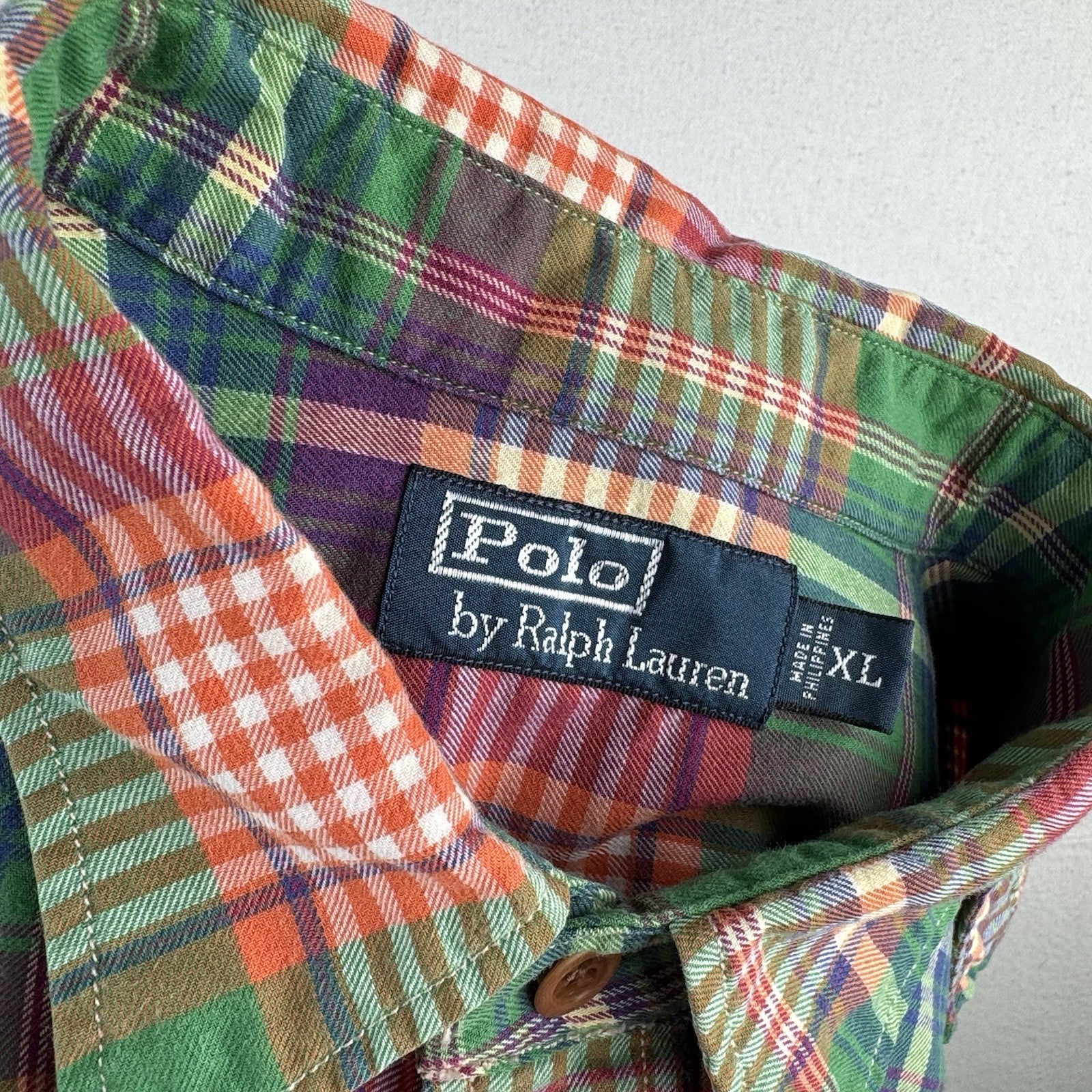 Vintage Polo Ralph Lauren Men’s XL Madras Button Down Shirt Green Orange Safari