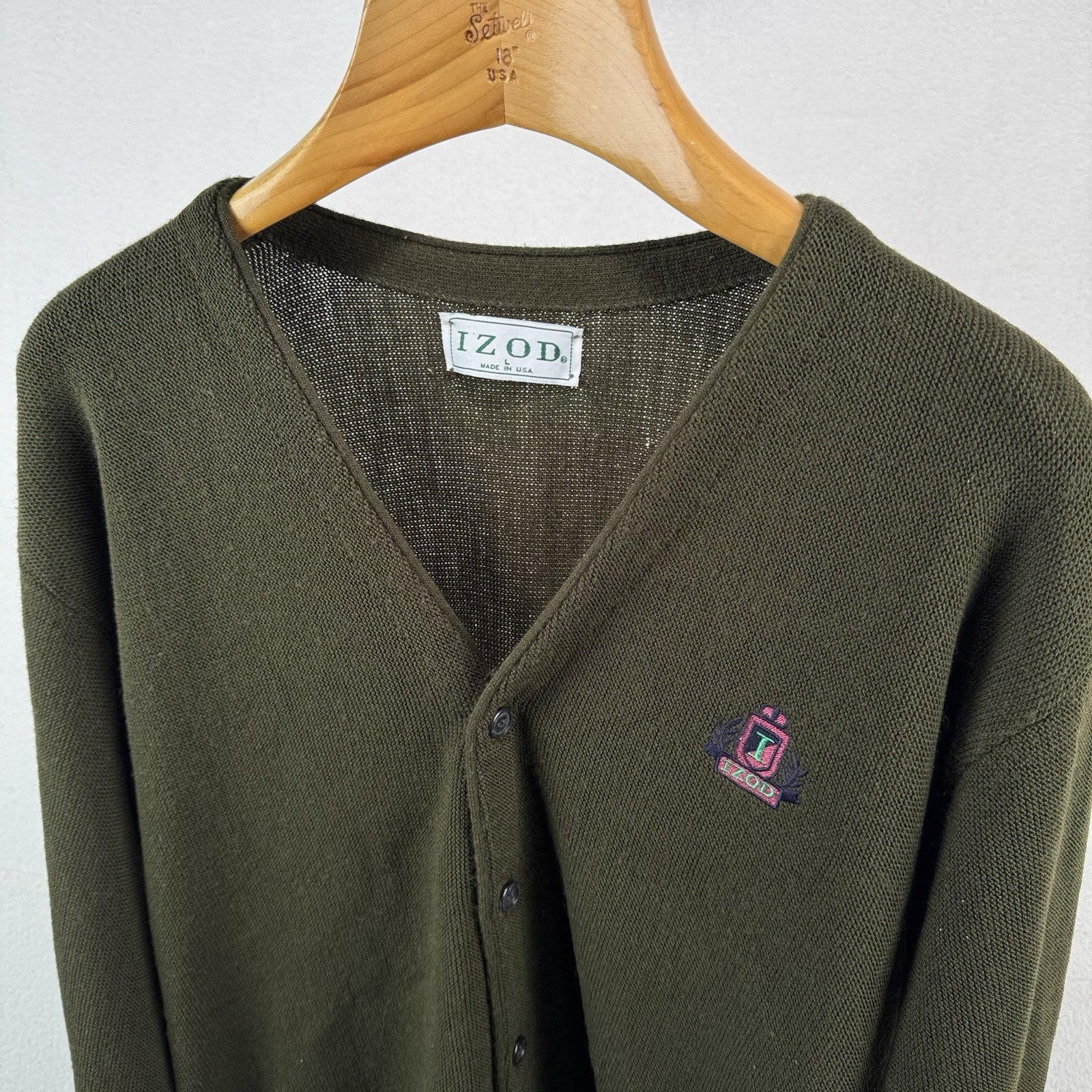 80’s Vintage Izod Cardigan Sweater Men's Large Olive Army Khaki Green Made USA