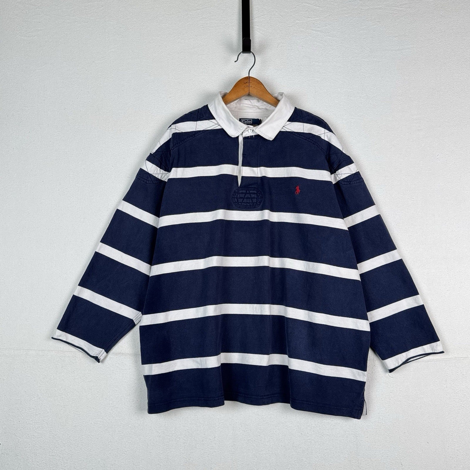 Polo Ralph Lauren Rugby Shirt 4XLB Blue White Quilted Elbow Patch *No Cuffs