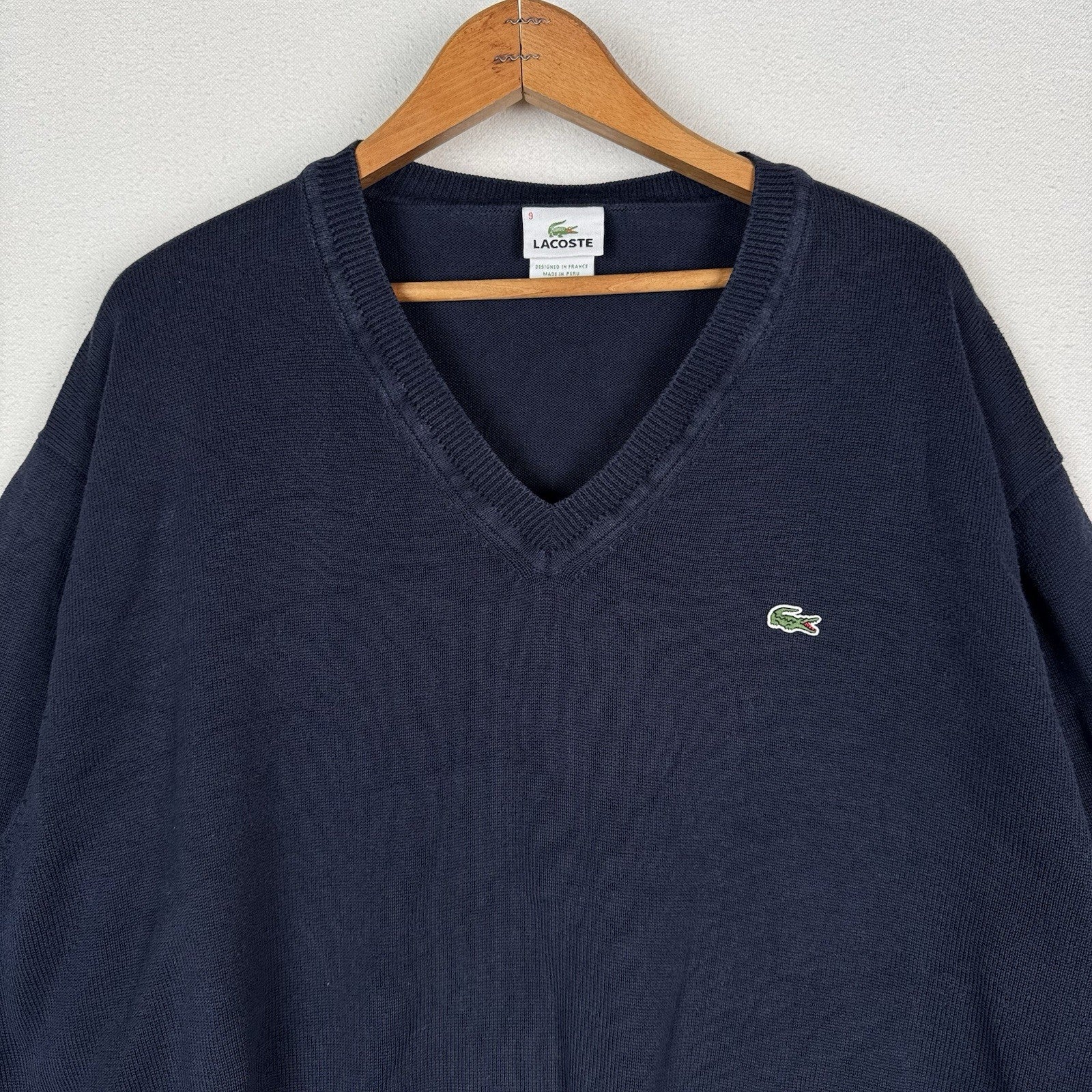 Vintage Lacoste Men’s V-Neck Sweater Navy Blue 3XL Cotton (9)