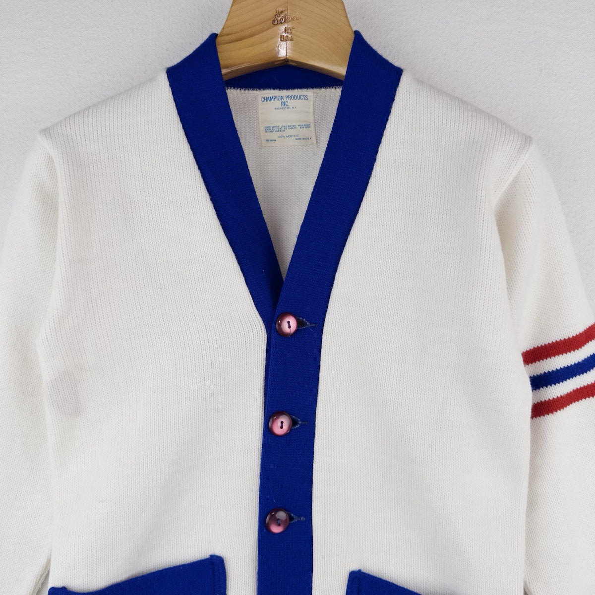 60’s Vtg Champion Letterman Cardigan Sweater Red White Blue 32” Youth M (10-12)