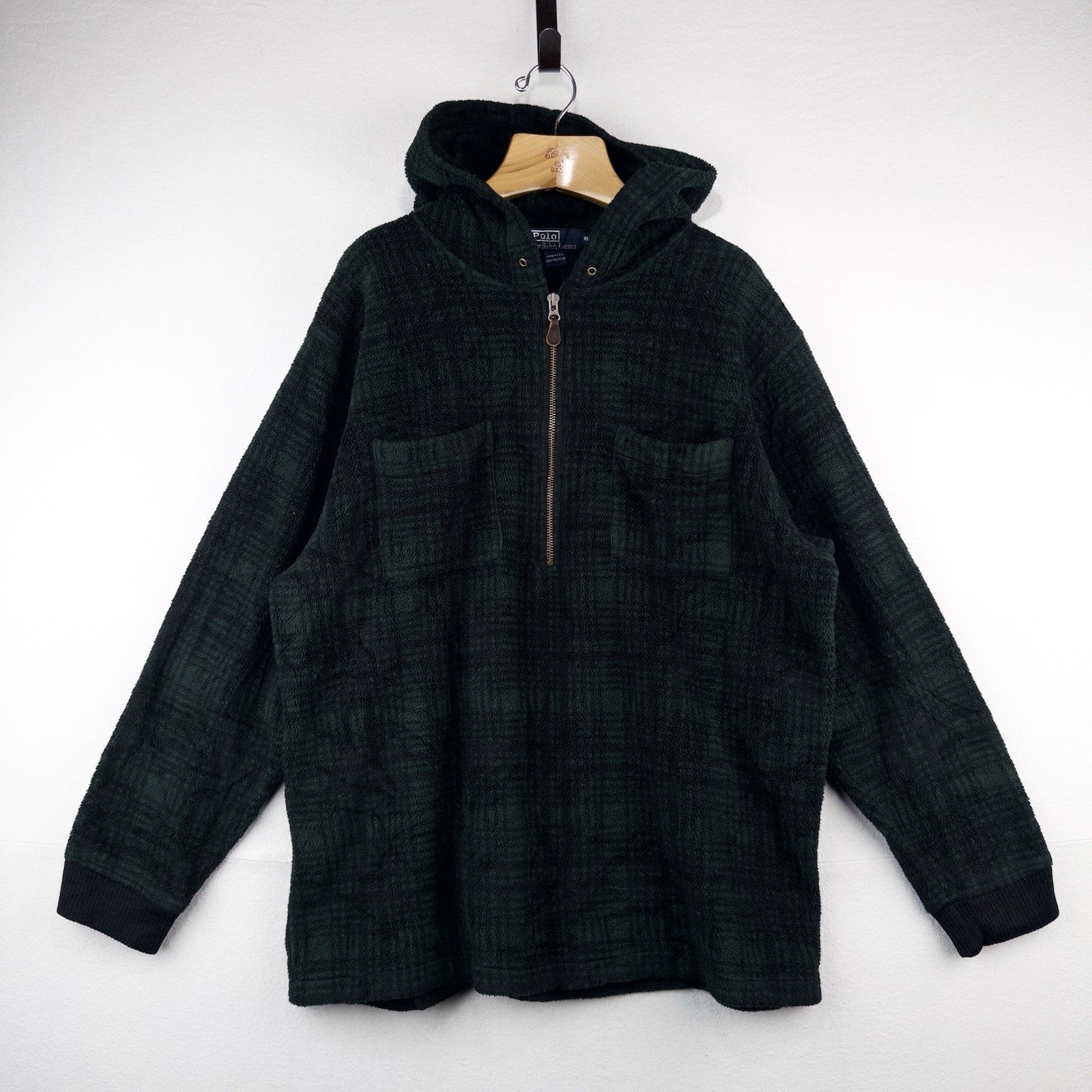 90’s Vtg Polo Ralph Lauren Hoodie Mens XL Green 1/4 Zip Tartan Plaid Fleece USA