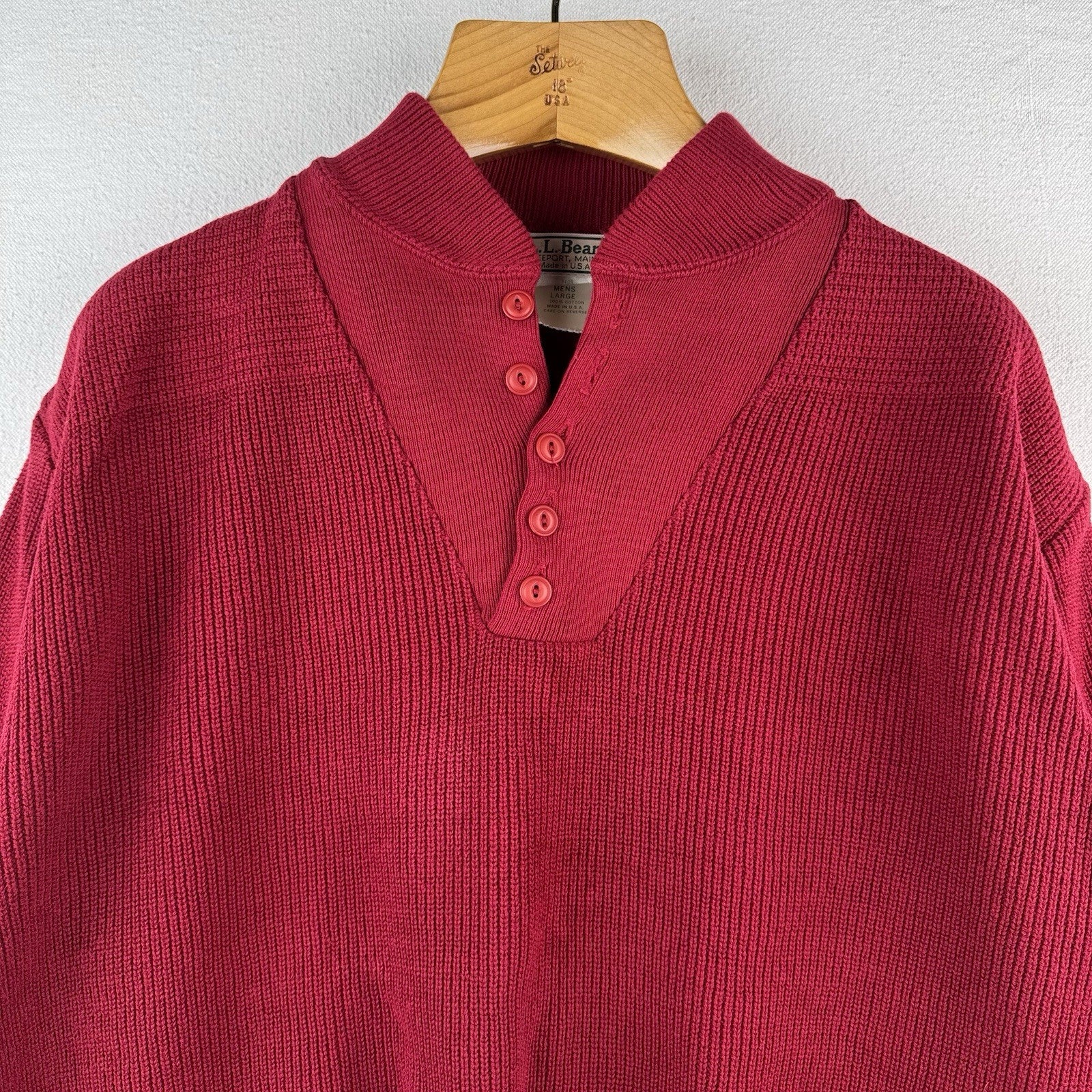 90s Vintage LL Bean Men's Large Red Henley Fisherman Sweater Made In USA