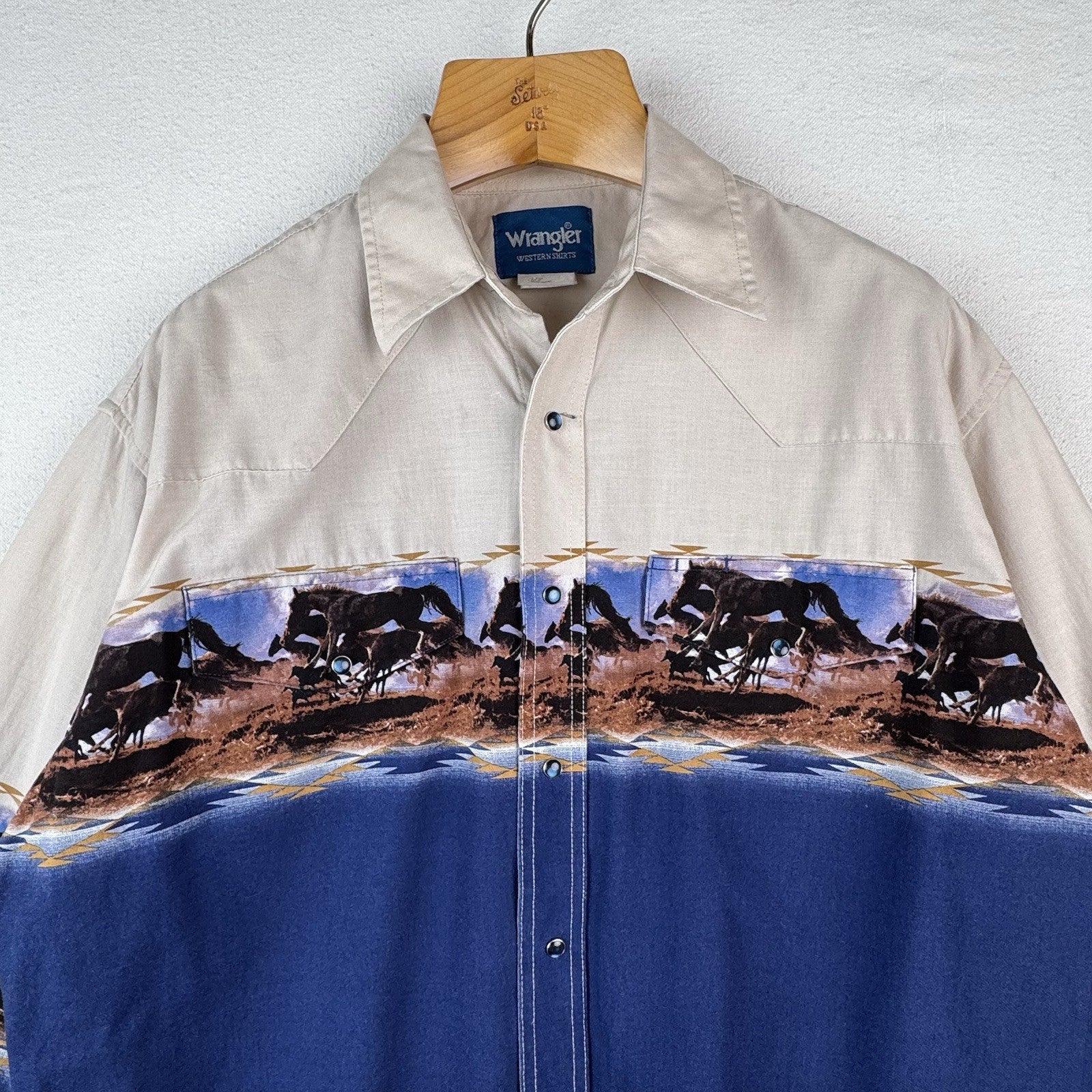 Vintage Wrangler Shirt Mens L Blue Western Pearl Snap Horses Aztec Cowboy Rodeo