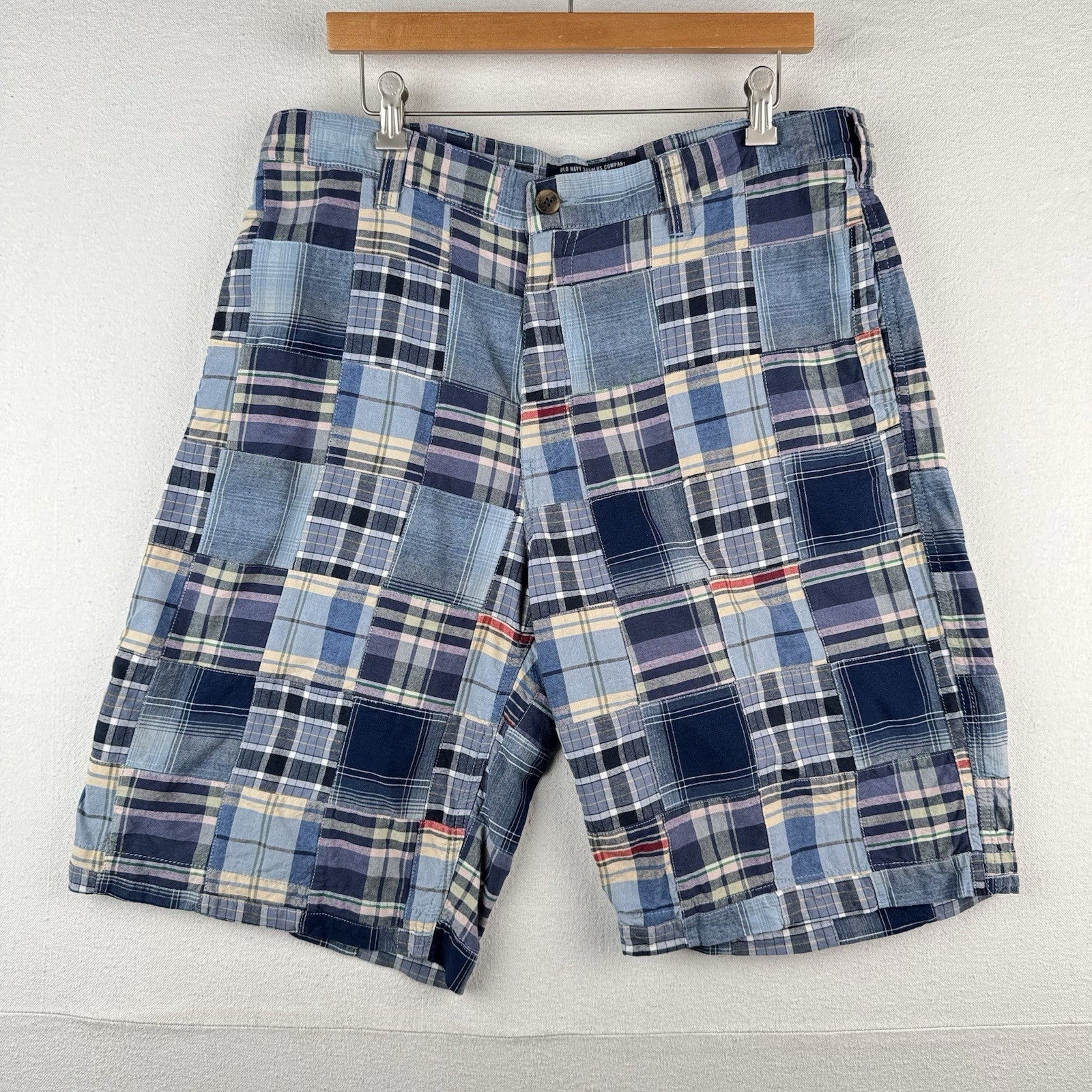 Old Navy Surplus Madras Plaid Shorts Mens 36 Patchwork Cotton Chino 10”