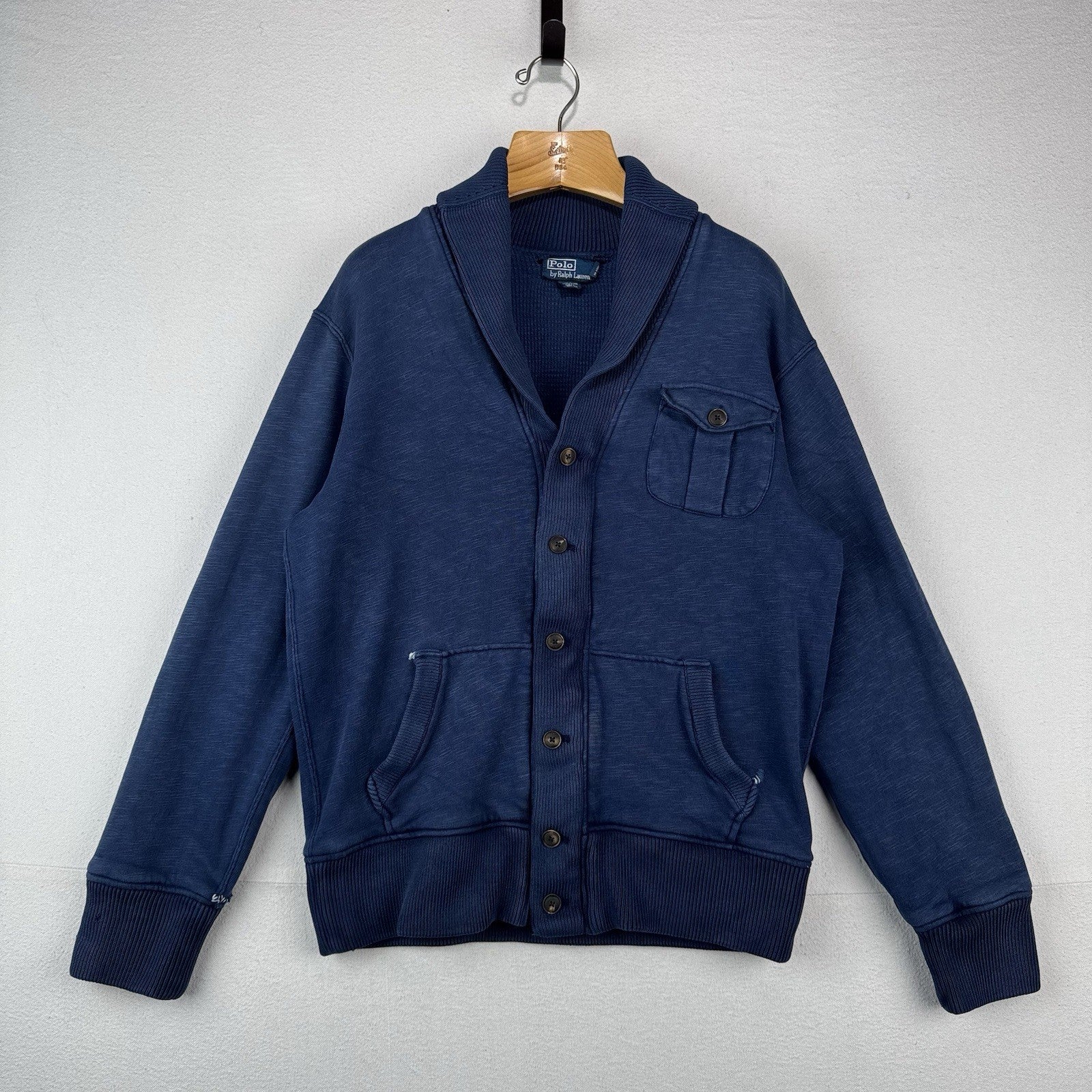 90’s Vtg Polo Ralph Lauren Shawl Collar Indigo Cardigan Cotton L Thermal Lining