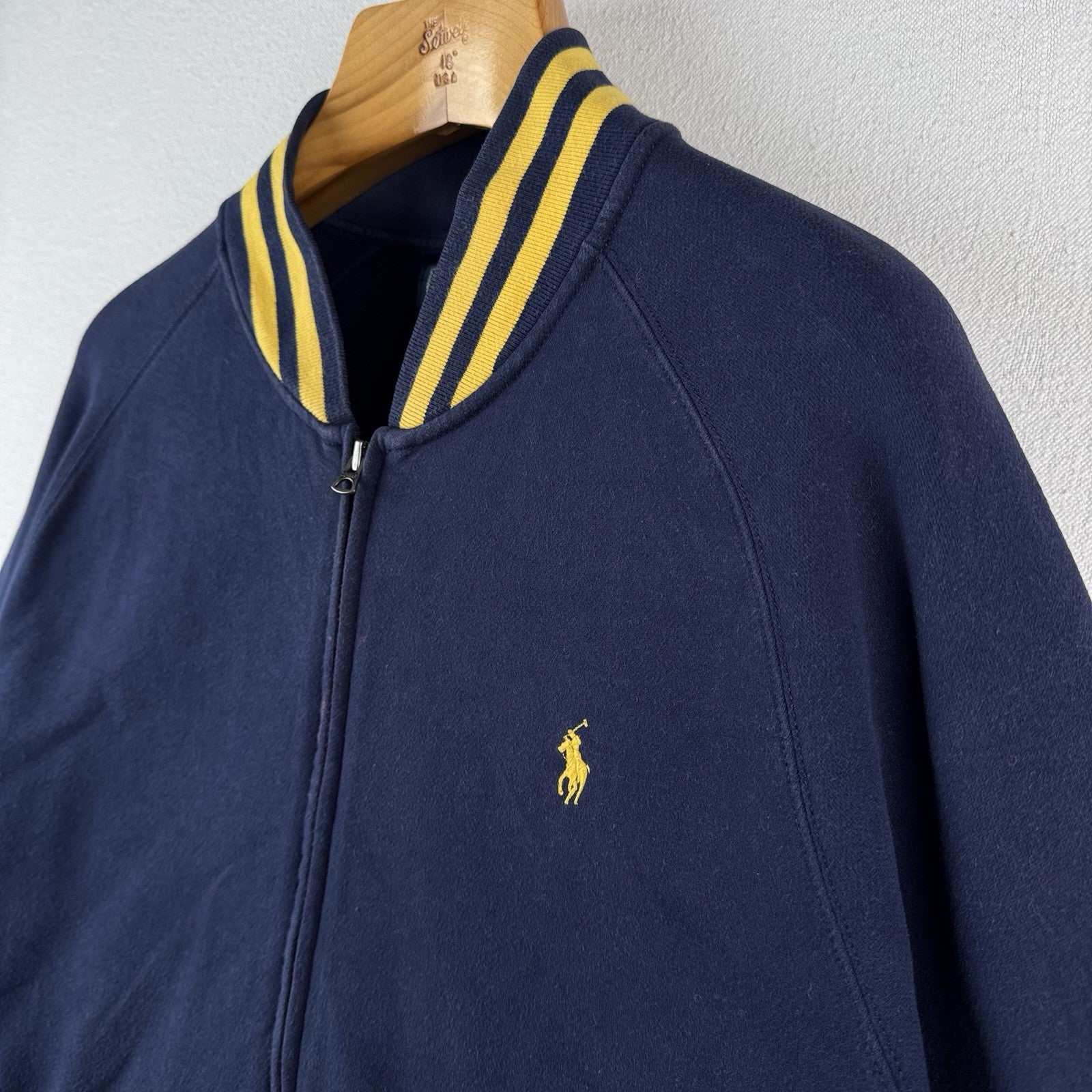 90's Vtg Polo Ralph Lauren Men's XL Fleece Varsity Jacket College Navy Gold Zip