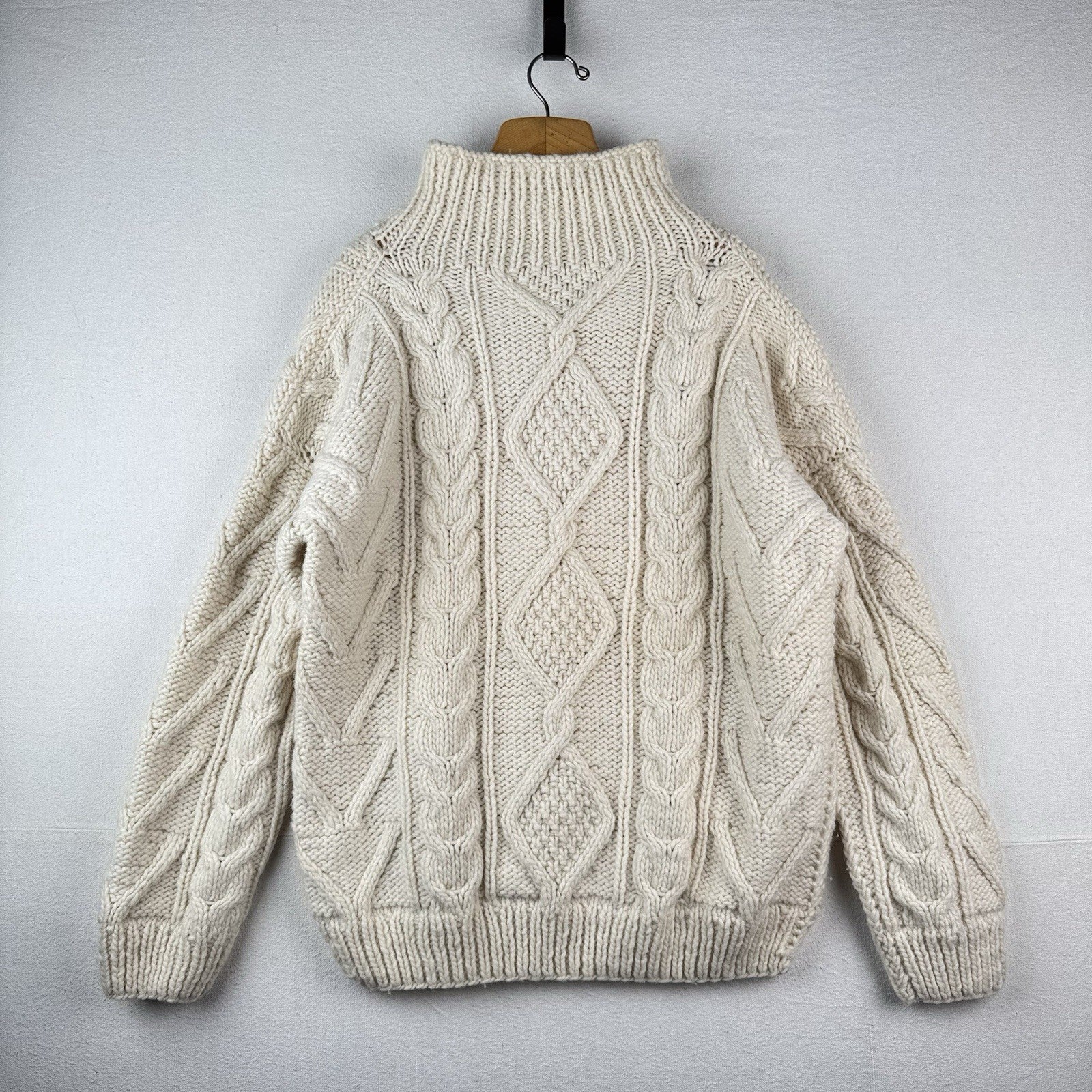 Handknit Wool 2XL Fisherman Sweater Cream White Knit Collar 2-button 48” *Read