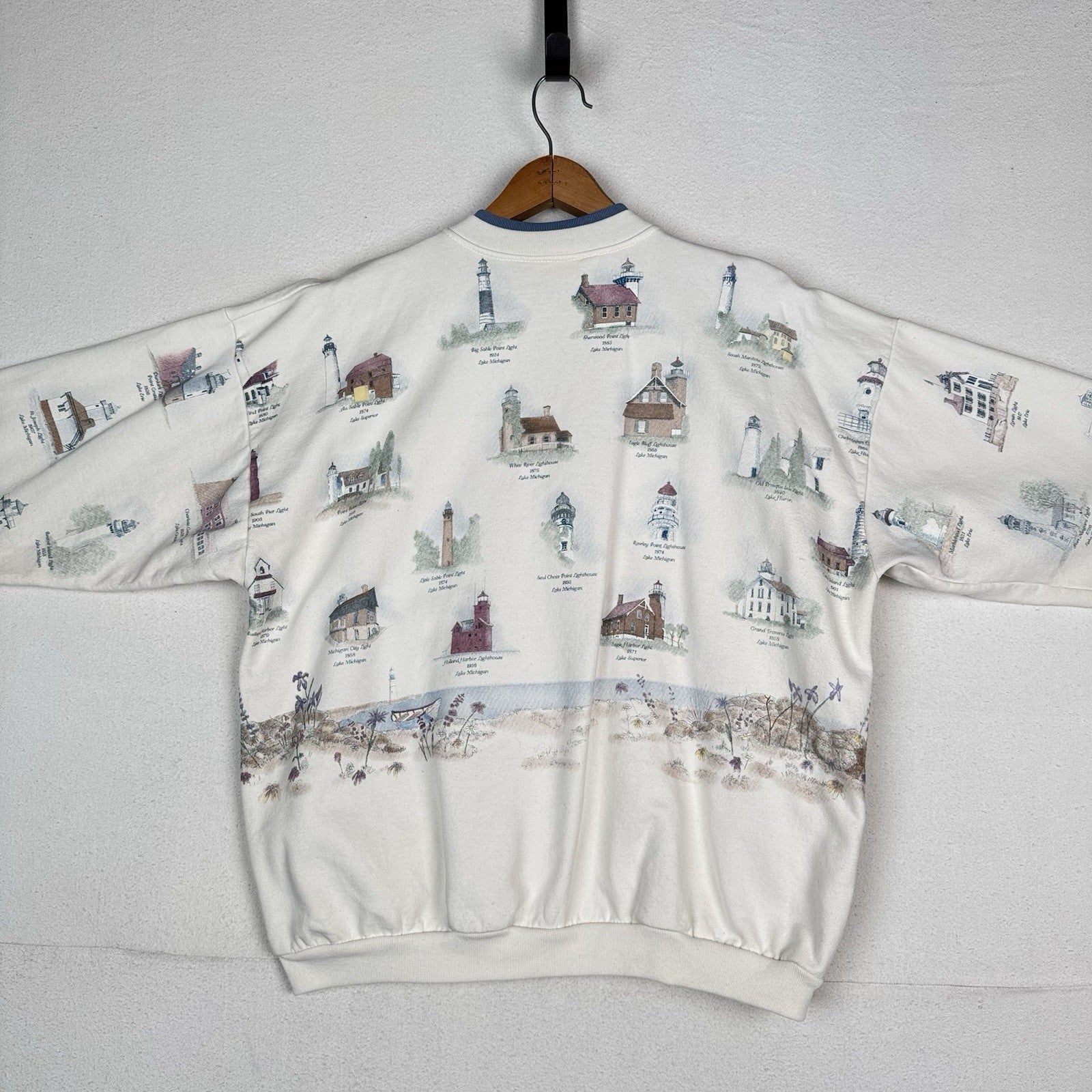 Vtg Artisan Cardigan Lighthouse Beach Sweatshirt Great Lake Pockets 2XL Made USA