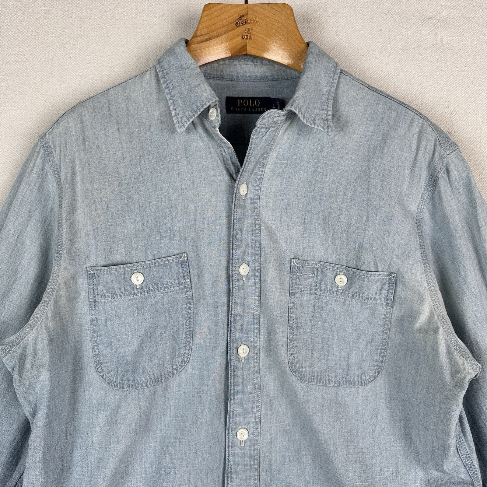 90s Polo Ralph Lauren Men’s Large Chambray Denim Shirt Blue Yacht Club RLYC Flag