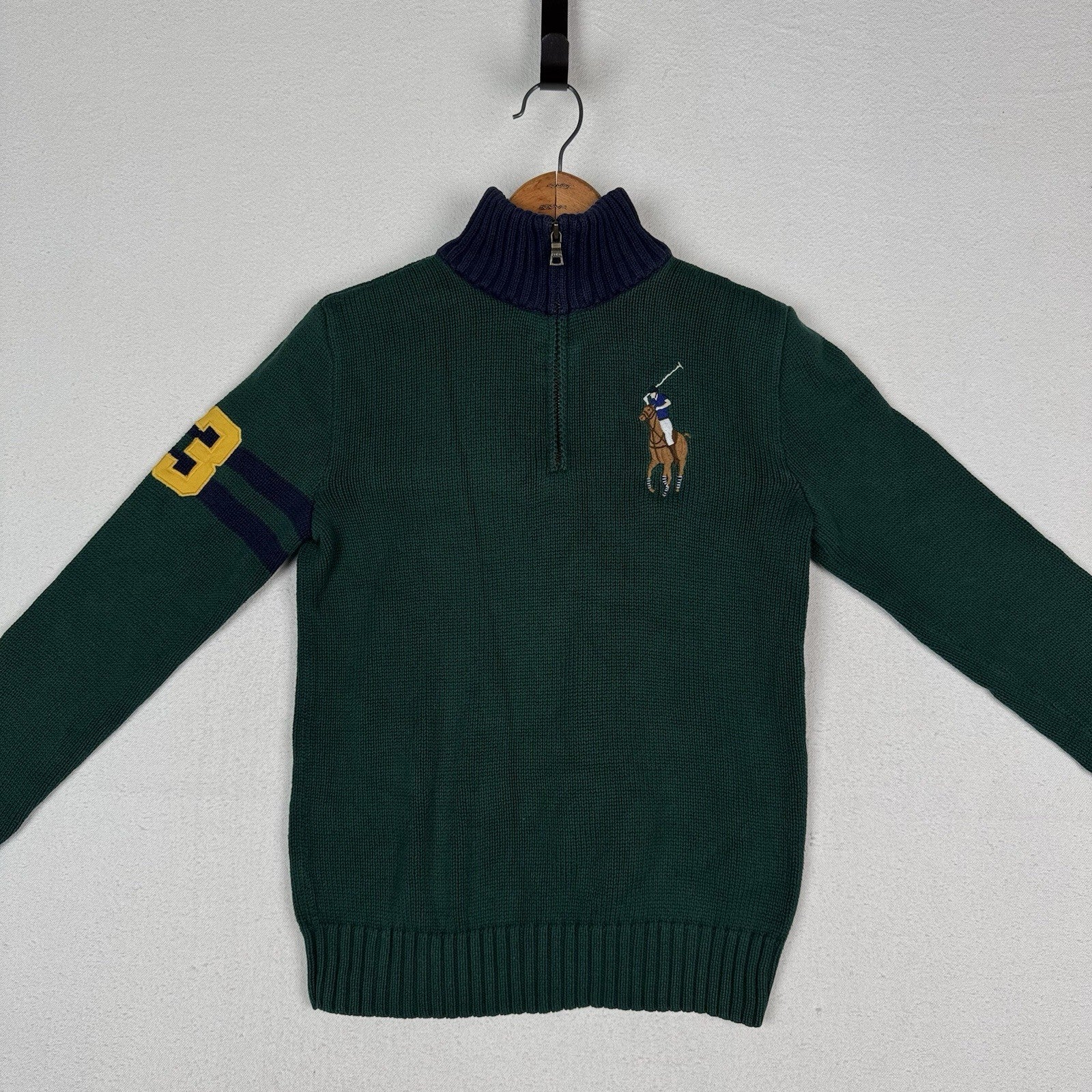 Polo Ralph Lauren Boys Large (14/16) Big Pony 1/4 Zip Sweater Green Navy Blue